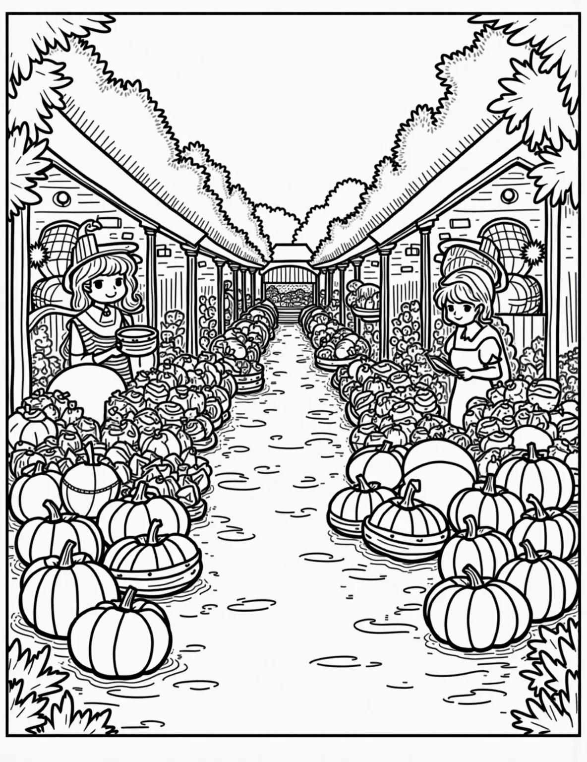 Thanksgiving Farmers' Market Coloring Page -- prompt: "black lines only Thanksgiving farmers' market coloring page: bold outlines of bustling stalls, pumpkins, turkeys, cornucopias. Cheerful shoppers with baskets, vendors in aprons. Autumn leaves frame scene. Pilgrim hat and Native American headdress motifs. Oversized produce for easy coloring. Fun, festive atmosphere for all ages. flat black lines, premium coloring page, coloring sheet, line drawing, Coloring Book, NO COLOR, NO SHADING, WHITE BACKGROUND. NO GRAY, BLACK AND WHITE, NO COLOR" -- Celebrate local harvest with this bustling farmers' market scene. The coloring page is filled with stalls offering various Thanksgiving ingredients like pumpkins, squash, apples, and fresh turkeys. This page allows for a wide range of colors and can spark conversations about where our Thanksgiving foods come from.