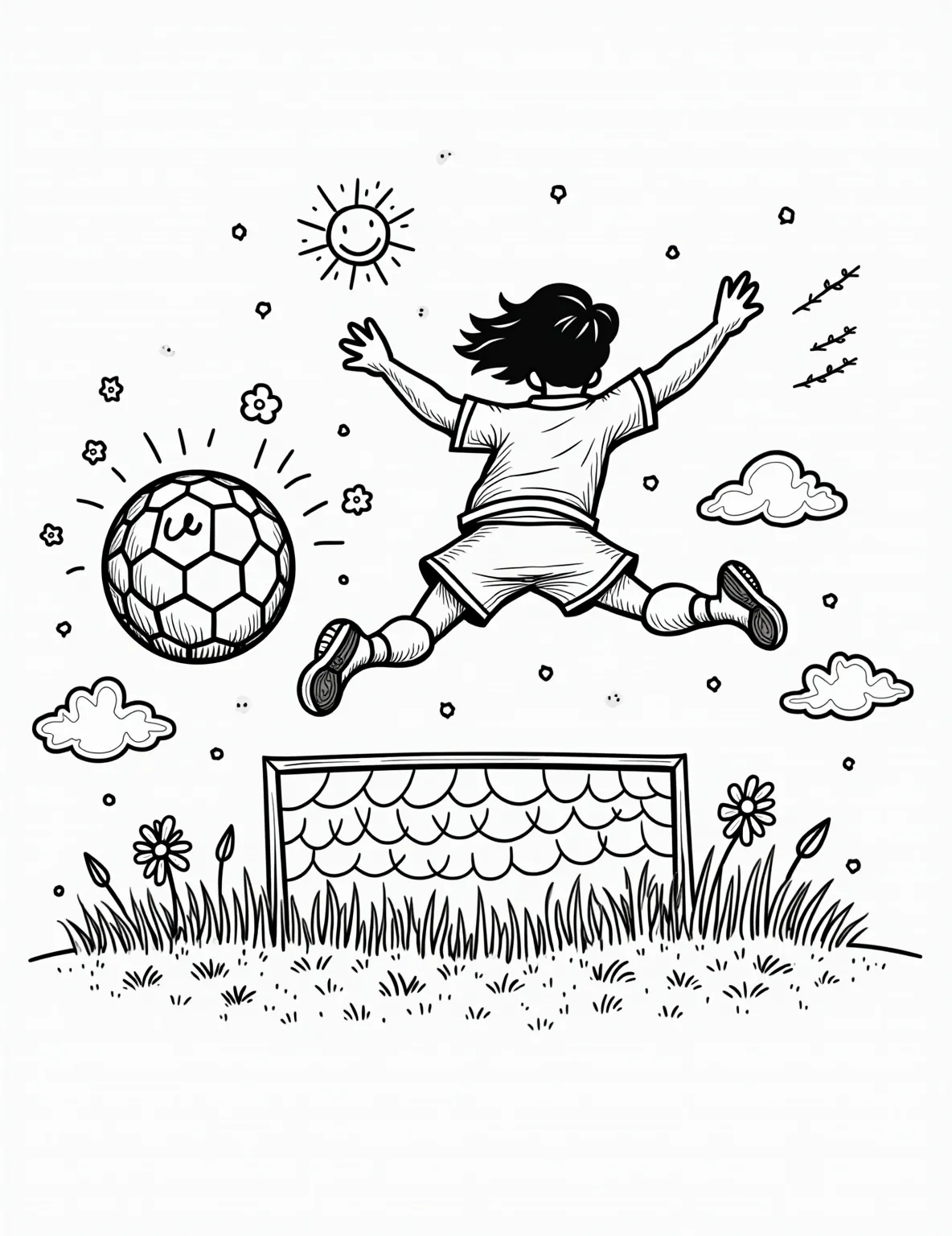 Soccer Player Practicing -- prompt: "black lines only Soccer player silhouette on empty field, bold outlines. Goal posts frame scene. Ball mid-air, curved motion lines. Grass texture patterns. Clouds and sun shapes above. Inspirational quote in speech bubble. Decorative soccer-themed border. Coloring book style with varied line weights. flat black lines, premium coloring page, coloring sheet, line drawing, Coloring Book, NO COLOR, NO SHADING, WHITE BACKGROUND. NO GRAY, BLACK AND WHITE, NO COLOR" -- This motivational coloring page shows a lone soccer player practicing on an empty field. The player is taking a shot at an unguarded goal, emphasizing the importance of individual practice. The open space in the image allows for creative background coloring.