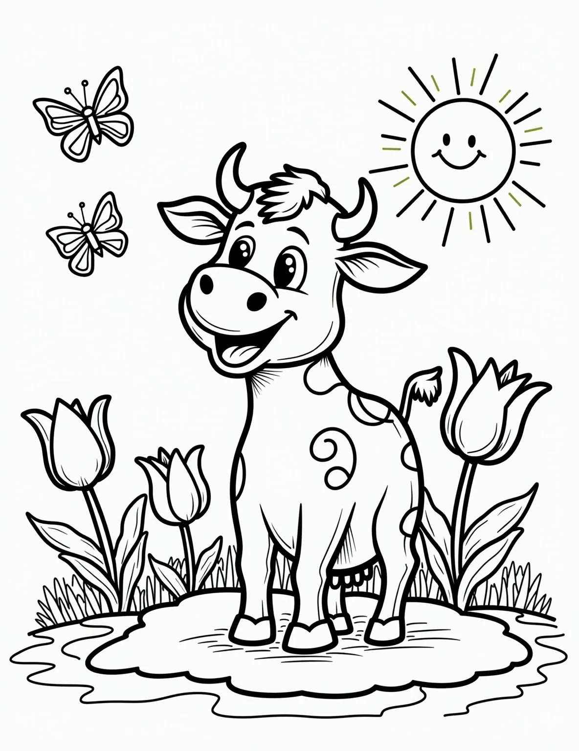 Grazing Cow in a Meadow -- prompt: "black lines only Playful cow with exaggerated features, surrounded by oversized daisies and tulips. Bold outlines define grass blades and fluffy clouds. Simplistic sun beams down. Butterflies flit nearby. Perfect for coloring, each element distinct and inviting. Joyful scene encourages creativity and imagination. flat black lines, premium coloring page, coloring sheet, line drawing, Coloring Book, NO COLOR, NO SHADING, WHITE BACKGROUND. NO GRAY, BLACK AND WHITE, NO COLOR" -- This serene coloring page shows a contented cow grazing in a lush meadow. The cow's detailed coat and the surrounding grass and flowers offer a chance to practice shading and texture. It's a slice of countryside calm waiting to be brought to life with color.