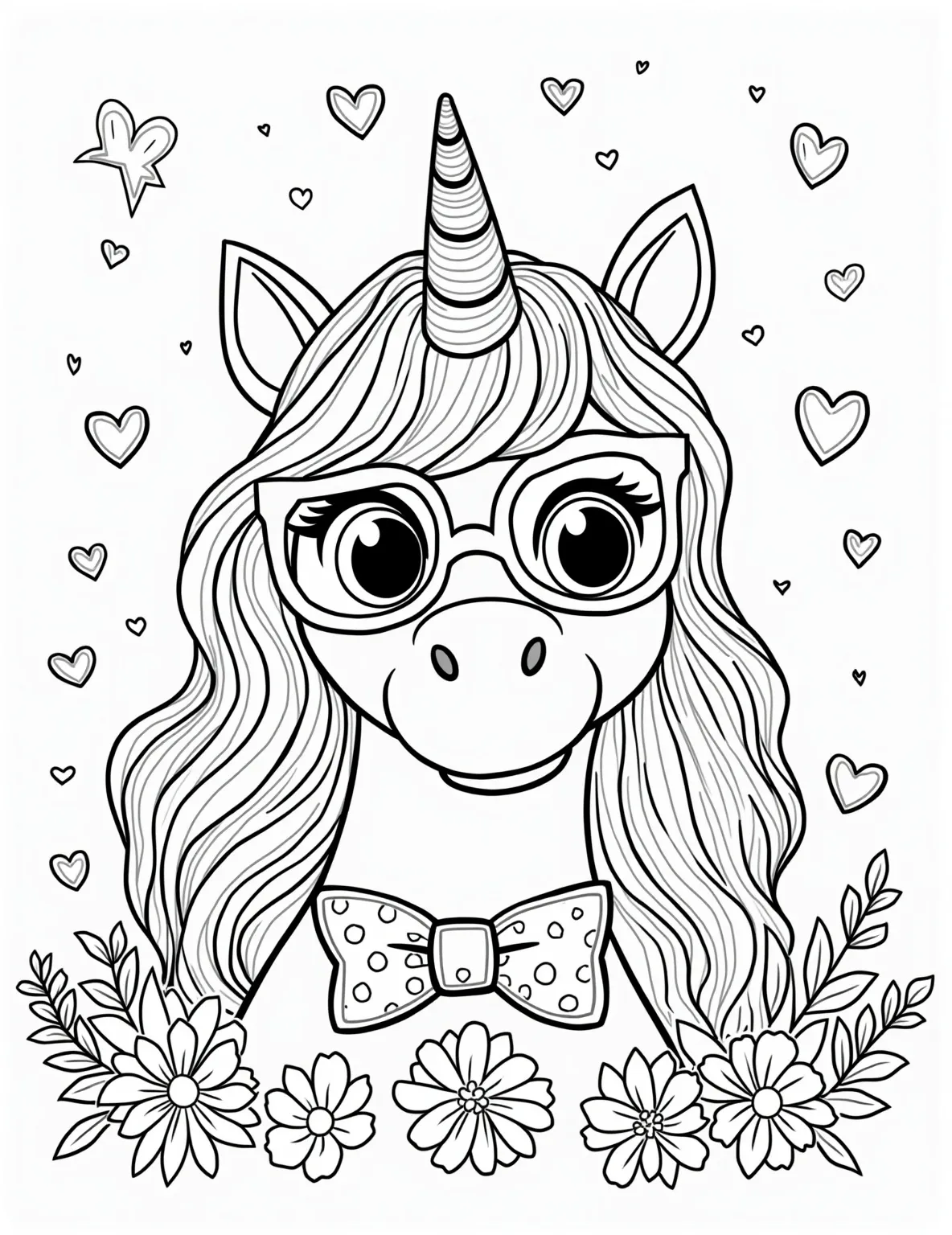 Unicorn's Dress-Up Party -- prompt: "black lines only Majestic unicorn centerpiece on coloring book page. Geometric shapes form playful accessories: star-shaped hat, wavy scarf, round glasses, bowtie with polka dots. Bold outlines, simple patterns. Magical aura surrounds unicorn. Whimsical scene invites creativity, perfect for all ages. flat black lines, premium coloring page, coloring sheet, line drawing, Coloring Book, NO COLOR, NO SHADING, WHITE BACKGROUND. NO GRAY, BLACK AND WHITE, NO COLOR" -- This playful coloring page shows a unicorn trying on different accessories. Simple shapes represent a hat, scarf, glasses, and a bowtie. Toddlers will enjoy choosing colors for each accessory and discussing different styles and fashion choices.