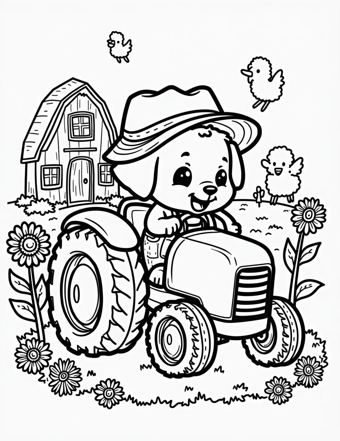 Puppy Farmer on the Tractor Coloring Page -- prompt: "black lines only Adorable puppy in denim overalls and straw hat, steering a tractor. Simple, bold outlines perfect for coloring. Barn, chickens, cows, and sheep in background. Cheerful farm scene with big, easy-to-color shapes. Sunflowers and corn stalks frame the edges. flat black lines, premium coloring page, coloring sheet, line drawing, Coloring Book, NO COLOR, NO SHADING, WHITE BACKGROUND. NO GRAY, BLACK AND WHITE, NO COLOR" -- Experience life on the farm with this delightful puppy coloring page! A cheerful pup drives a small tractor through a field, wearing overalls and a straw hat. Sunflowers, a barn, and some farm animals in the background complete this charming rural scene.