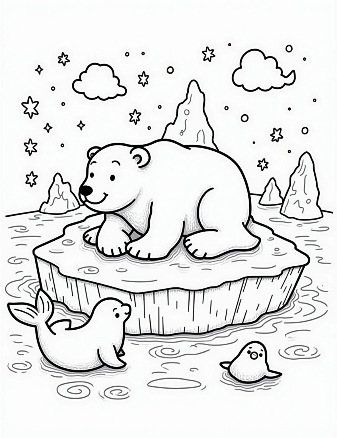 Sleepy Polar Bear's Arctic Nap -- prompt: "black lines only Adorable cartoon polar bear snoozing on chunky ice floe, outlined in bold black strokes. Playful seals bounce nearby, their forms simplified for easy coloring. Arctic scene with stylized icebergs and snowflakes. Perfect for children's coloring book, emphasizing large, clear shapes and fun details. flat black lines, premium coloring page, coloring sheet, line drawing, Coloring Book, NO COLOR, NO SHADING, WHITE BACKGROUND. NO GRAY, BLACK AND WHITE, NO COLOR" -- Chill out with this cozy polar bear coloring page. A large polar bear is taking a nap on an ice floe, surrounded by a few playful seals. This page is perfect for those who love arctic animals and enjoy creating cool, icy scenes.