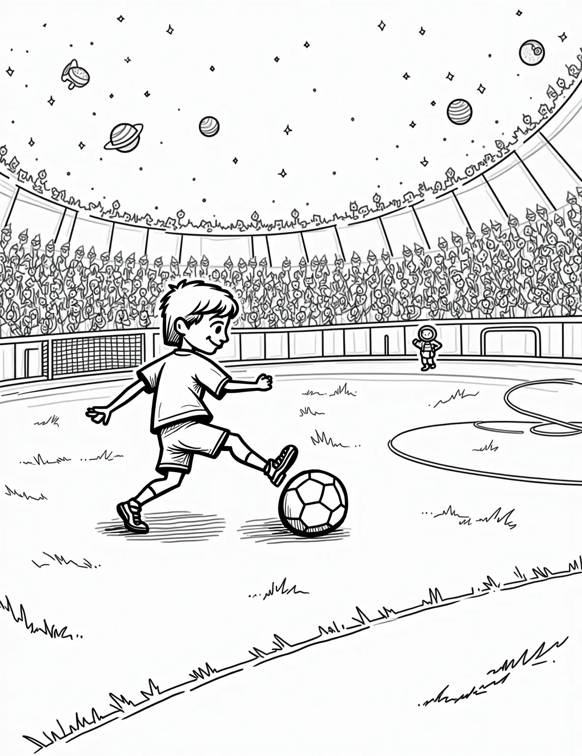 Intergalactic Soccer Match Coloring Page -- prompt: "black lines only Playful line art: boy kicking soccer ball to smiling alien teammates. Space station field with bouncy turf lines. Dome overhead reveals starry sky, ringed planets. Floating asteroids as goal posts. Cheerful alien spectators waving flags. Astronaut referee with whistle. Cosmic energy trails behind ball. flat black lines, premium coloring page, coloring sheet, line drawing, Coloring Book, NO COLOR, NO SHADING, WHITE BACKGROUND. NO GRAY, BLACK AND WHITE, NO COLOR" -- Kick off an out-of-this-world game with this thrilling intergalactic soccer match coloring page! It features a boy playing soccer with alien friends on a space station field. This page is perfect for boys who love sports and imagining how their favorite games might be played in space.