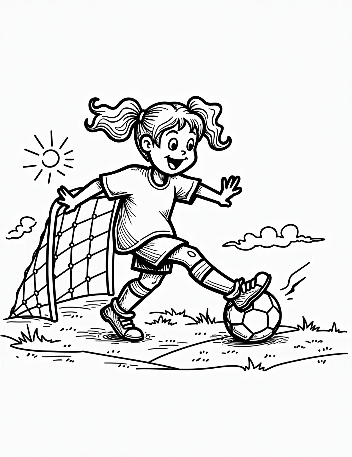 Sporty Girl's Soccer Victory -- prompt: "black lines only Bold outlines frame a dynamic soccer scene. Girl player, ponytail swishing, poised mid-kick. Soccer ball soars towards oversized goal. Simplified uniform, exaggerated cleats. Grass tufts and sideline markings. Empty spaces await vibrant colors. Joyful energy radiates. Child-friendly design encourages creativity. flat black lines, premium coloring page, coloring sheet, line drawing, Coloring Book, NO COLOR, NO SHADING, WHITE BACKGROUND. NO GRAY, BLACK AND WHITE, NO COLOR" -- Celebrate athleticism with this energetic soccer girl coloring page. The young athlete is captured mid-kick, scoring the winning goal. Her determined expression and dynamic pose bring the excitement of the game to life.