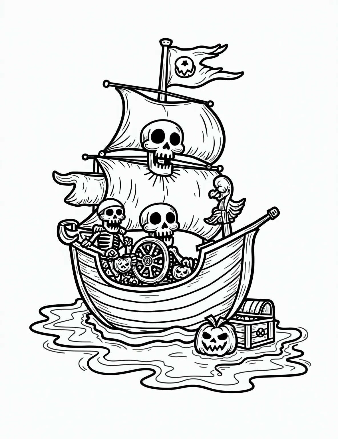 Haunted Pirate Ship Adventure -- prompt: "black lines only Playful pirate ship outline with bold, simple shapes. Grinning skull captain at wheel. Skeleton crew swabbing decks. Rigging adorned with smiling jack-o'-lanterns. Wavy fog lines. Treasure chest on deck. Parrot perched on crow's nest. Jolly Roger flag waving. Fun coloring book page. flat black lines, premium coloring page, coloring sheet, line drawing, Coloring Book, NO COLOR, NO SHADING, WHITE BACKGROUND. NO GRAY, BLACK AND WHITE, NO COLOR" -- Set sail on a spooky adventure with this exciting Halloween-themed coloring page. The scene features a ghost pirate crew aboard their haunted ship, perfect for kids who love both Halloween and pirate themes. It's an ideal blend of adventure and gentle spookiness.