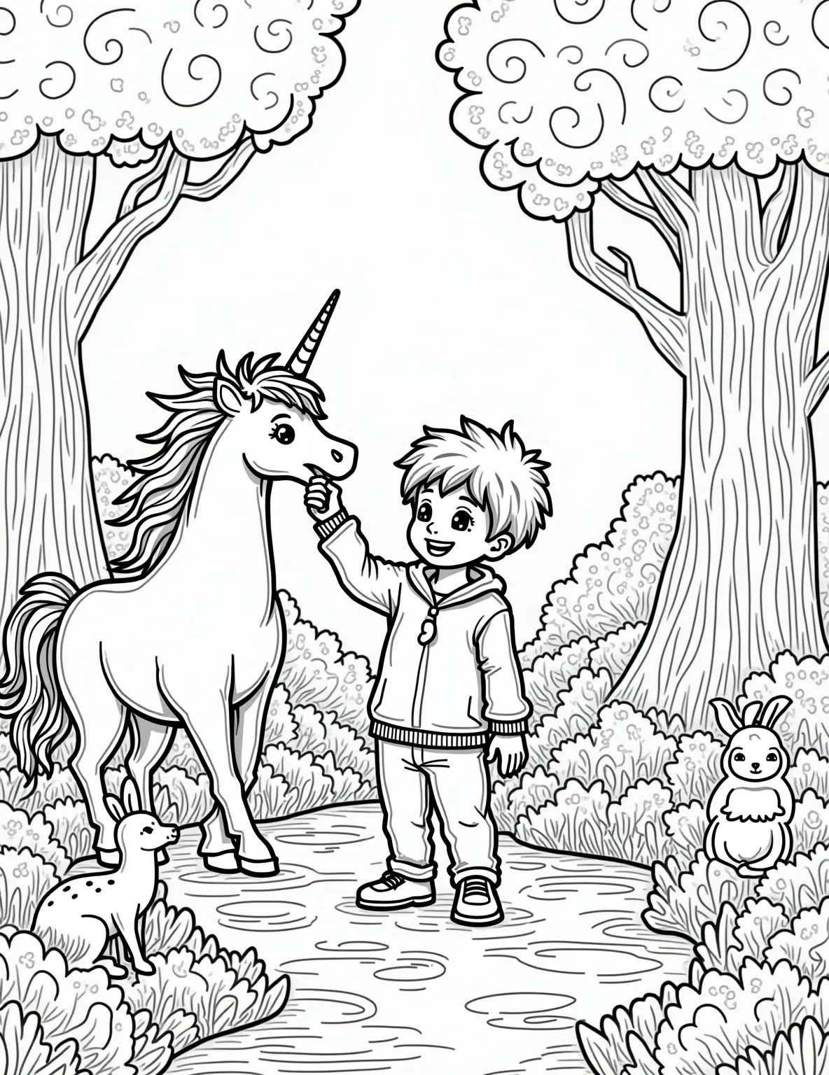 Mythical Creature Sanctuary Coloring Page -- prompt: "black lines only Charming boy in forest sanctuary, outlined for coloring. Feeding unicorn carrots, brushing griffin's feathers, offering dragon fruit. Magical trees with swirling patterns, flowering vines. Woodland creatures peek from bushes. Enchanted pond sparkles. Fairy lights twinkle. Mushroom house background. flat black lines, premium coloring page, coloring sheet, line drawing, Coloring Book, NO COLOR, NO SHADING, WHITE BACKGROUND. NO GRAY, BLACK AND WHITE, NO COLOR" -- Step into a world of legend with this enchanting mythical creature sanctuary coloring page. It showcases a boy interacting with various mythical beings in a magical forest. This page is perfect for boys who love fantasy creatures and imagining themselves as caretakers of legendary animals.