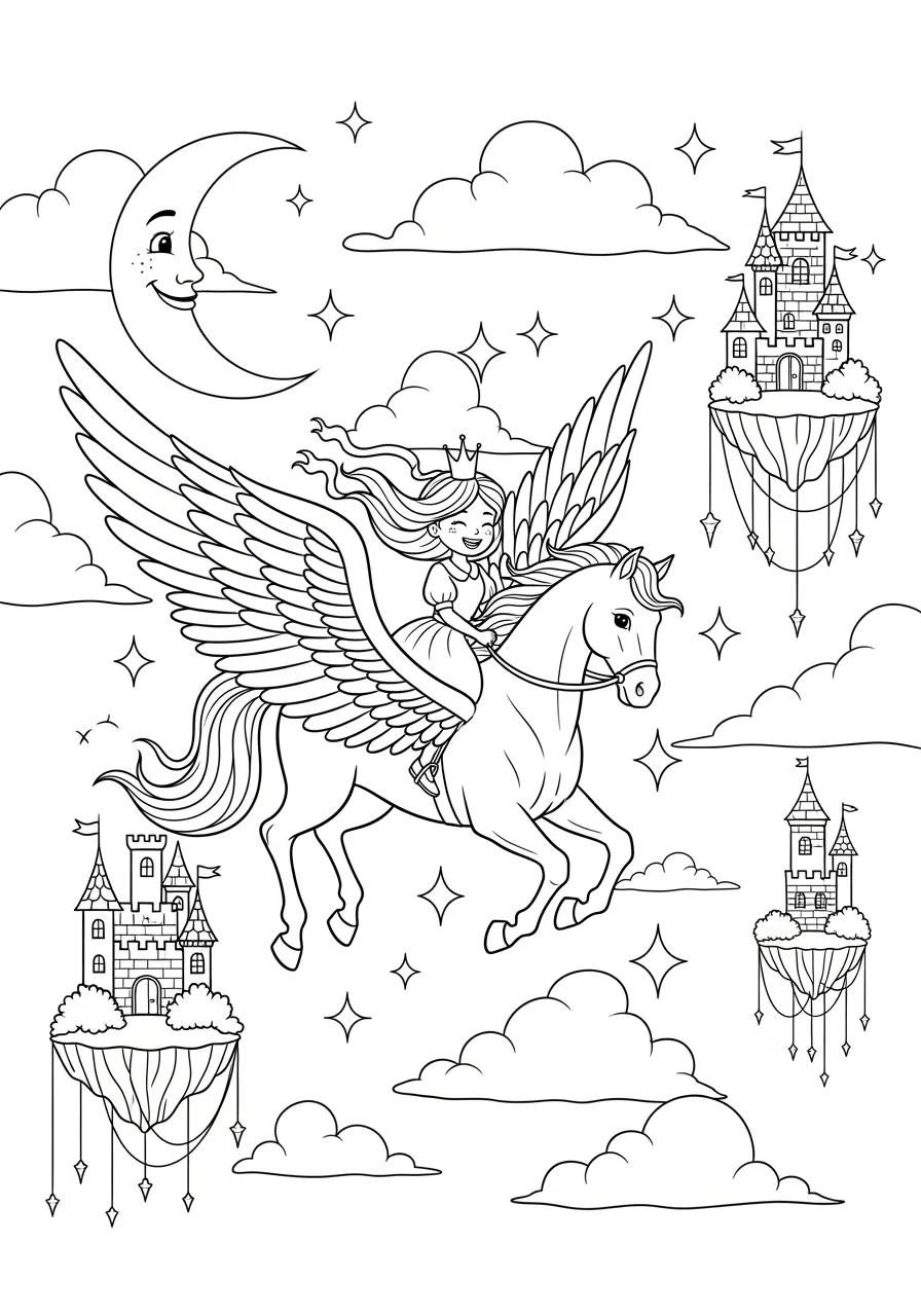 Princess Riding Pegasus Coloring Page -- prompt: "black lines only Cheerful princess with flowing hair rides majestic Pegasus with outstretched feathered wings, soaring past puffy cartoon clouds, magical floating castle islands, smiling crescent moon, twinkling five-pointed stars, bold black outlines, simple shapes perfect for children's coloring book pages flat black lines, premium coloring page, coloring sheet, line drawing, Coloring Book, NO COLOR, NO SHADING, WHITE BACKGROUND. NO GRAY, BLACK AND WHITE, NO COLOR" -- Soar through the clouds with this magical princess riding her winged horse across a sky filled with stars and floating islands. The Pegasus's detailed feathers and the princess's wind-blown hair create dynamic movement throughout the page. Cloud formations and celestial elements add dreamy backgrounds perfect for imaginative color combinations.