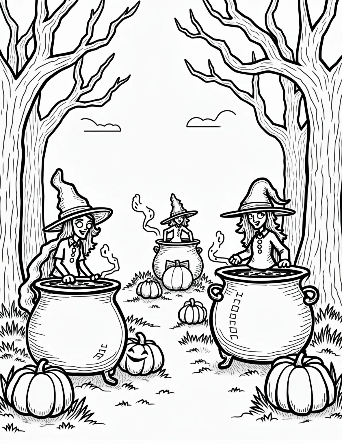 Witches' Autumn Potion Brewing Contest Coloring Page -- prompt: "black lines only Whimsical witches gather in a forest glade, stirring oversized cauldrons. Cartoon-style mushrooms, gnarled trees, and swirling potion smoke frame the scene. Playful black cats, smiling jack-o'-lanterns, and flying bats add enchanting details. Bold outlines perfect for coloring book fun. flat black lines, premium coloring page, coloring sheet, line drawing, Coloring Book, NO COLOR, NO SHADING, WHITE BACKGROUND. NO GRAY, BLACK AND WHITE, NO COLOR" -- Immerse yourself in the magical world of witchcraft with this enchanting coloring page. Set in a cozy forest clearing, a group of witches gathers around bubbling cauldrons, competing to create the perfect autumn potion. The scene is alive with swirling leaves, curious woodland creatures, and an assortment of whimsical magical ingredients.