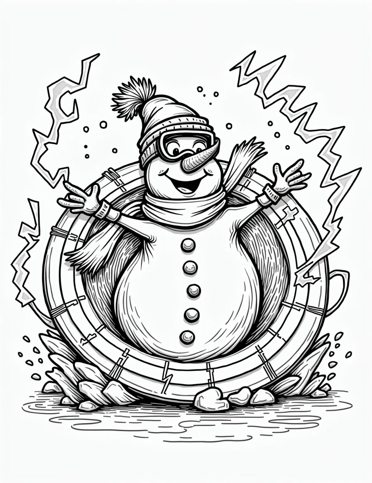 Snowman Time Traveler Coloring Page -- prompt: "black lines only Jolly snowman emerges from swirling vortex, bold outlines perfect for coloring. Oversized goggles, flowing scarf, and quirky time machine surrounded by exaggerated clock gears. Playful energy spirals and zigzags fill background. Carrot nose and coal buttons beg for vibrant hues. Fun for all ages to color and imagine time-traveling adventures. flat black lines, premium coloring page, coloring sheet, line drawing, Coloring Book, NO COLOR, NO SHADING, WHITE BACKGROUND. NO GRAY, BLACK AND WHITE, NO COLOR" -- Great Scott! This innovative coloring page depicts a snowman time traveler emerging from a futuristic time machine. With goggles and a scarf fluttering in the temporal winds, this frosty explorer is ready for adventures across time and space.