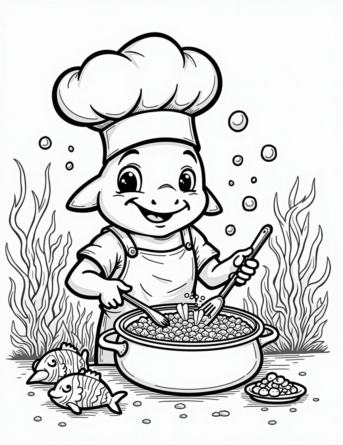 Shark Chef's Seafood Special -- prompt: "black lines only A cheerful cartoon shark chef, grinning toothily, dons an oversized toque and frilly apron. In a bubbly underwater kitchen, he stirs a coral pot brimming with colorful fish and swirling seaweed. Bold outlines and simple shapes perfect for coloring. flat black lines, premium coloring page, coloring sheet, line drawing, Coloring Book, NO COLOR, NO SHADING, WHITE BACKGROUND. NO GRAY, BLACK AND WHITE, NO COLOR" -- Cook up some fun with this humorous shark chef coloring page. It features a shark wearing a chef's hat and apron, preparing a seafood dish in an underwater kitchen. This whimsical scene is perfect for food lovers and those who enjoy a good laugh while coloring.