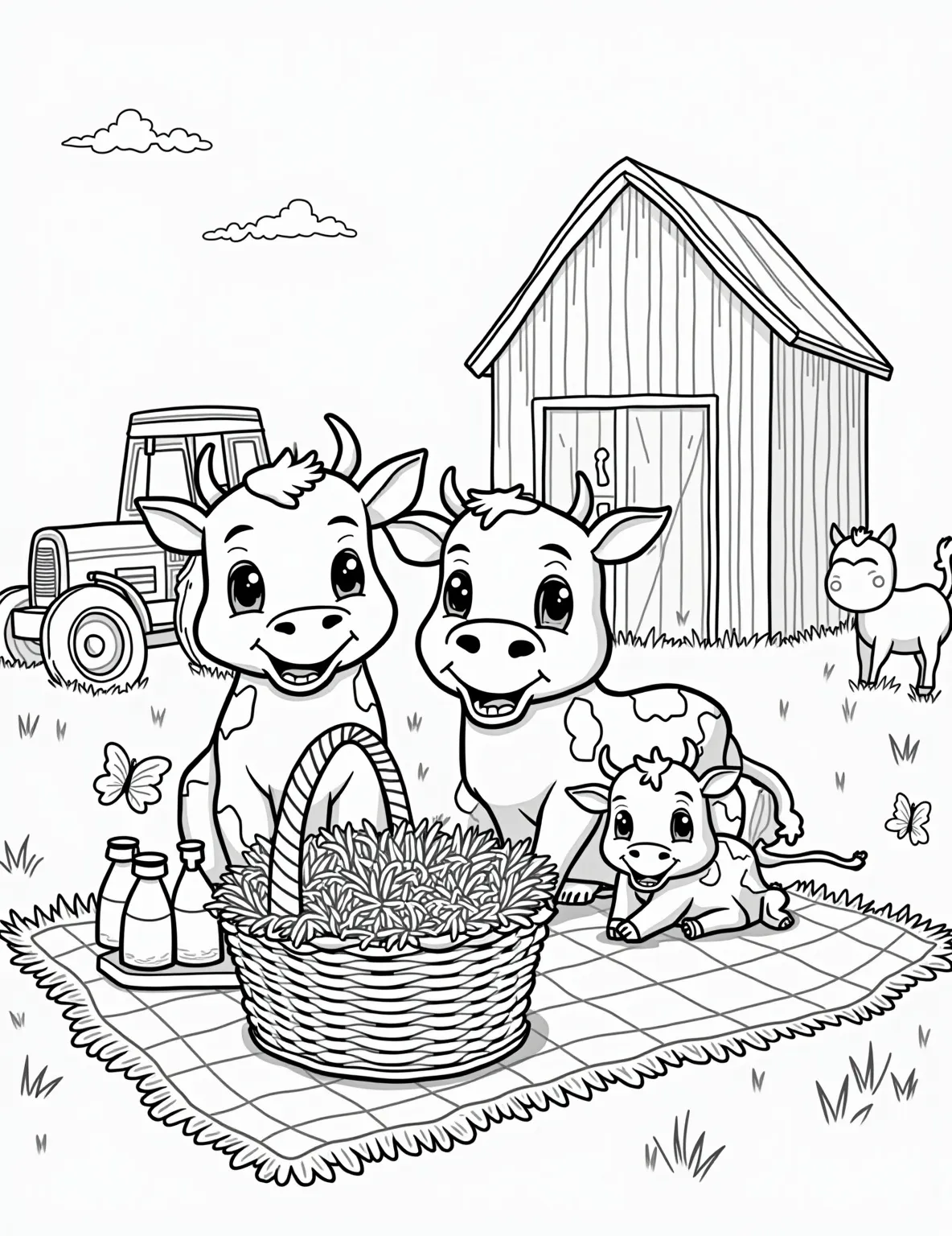 Cow Family Picnic -- prompt: "black lines only Adorable cow family picnic scene for coloring. Mama, papa, and baby cows lounging on checkered blanket. Wicker basket overflowing with milk bottles, hay sandwiches, and daisy cupcakes. Butterflies flutter nearby. Simple, bold outlines perfect for coloring book pages. Fun, farm-themed illustration flat black lines, premium coloring page, coloring sheet, line drawing, Coloring Book, NO COLOR, NO SHADING, WHITE BACKGROUND. NO GRAY, BLACK AND WHITE, NO COLOR" -- This charming coloring page depicts a cow family enjoying a picnic in a sunny field. The scene includes a checkered blanket, a picnic basket, and various family members engaged in different activities. It's a delightful representation of family bonding.