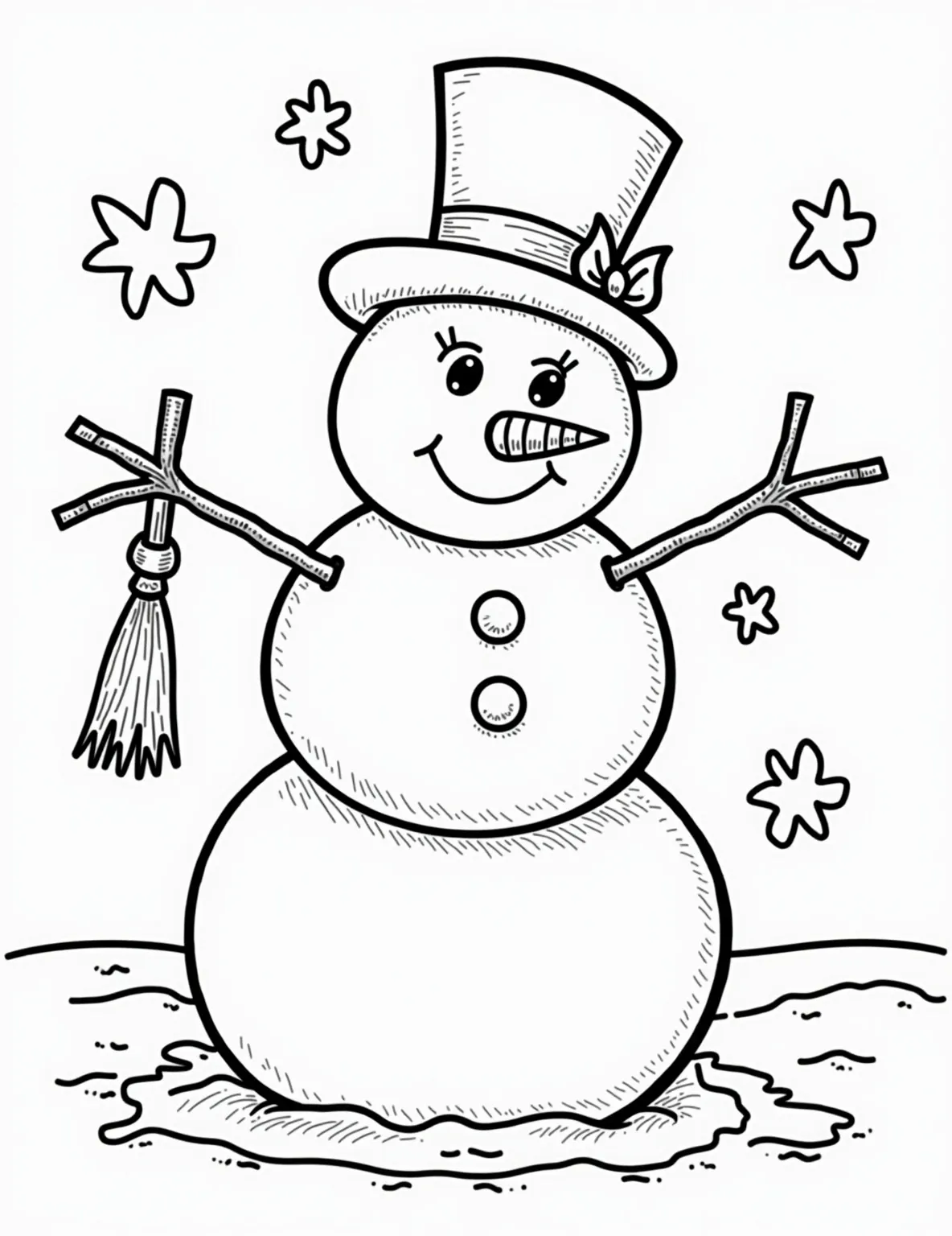 Classic Snowman with Top Hat Coloring Page -- prompt: "black lines only Jolly snowman outline for coloring, three round body segments, exaggerated top hat, triangular carrot nose, oversized coal buttons, wiggly stick arms. Standing in snowy field with simple snowflakes. Bold black lines, white background. Cheerful expression, inviting children to color and decorate. flat black lines, premium coloring page, coloring sheet, line drawing, Coloring Book, NO COLOR, NO SHADING, WHITE BACKGROUND. NO GRAY, BLACK AND WHITE, NO COLOR" -- This charming coloring page features a traditional snowman sporting a dapper top hat. With a carrot nose, coal buttons, and stick arms, this friendly fellow embodies the classic snowman we all know and love. It's the perfect starting point for any snowman coloring adventure!