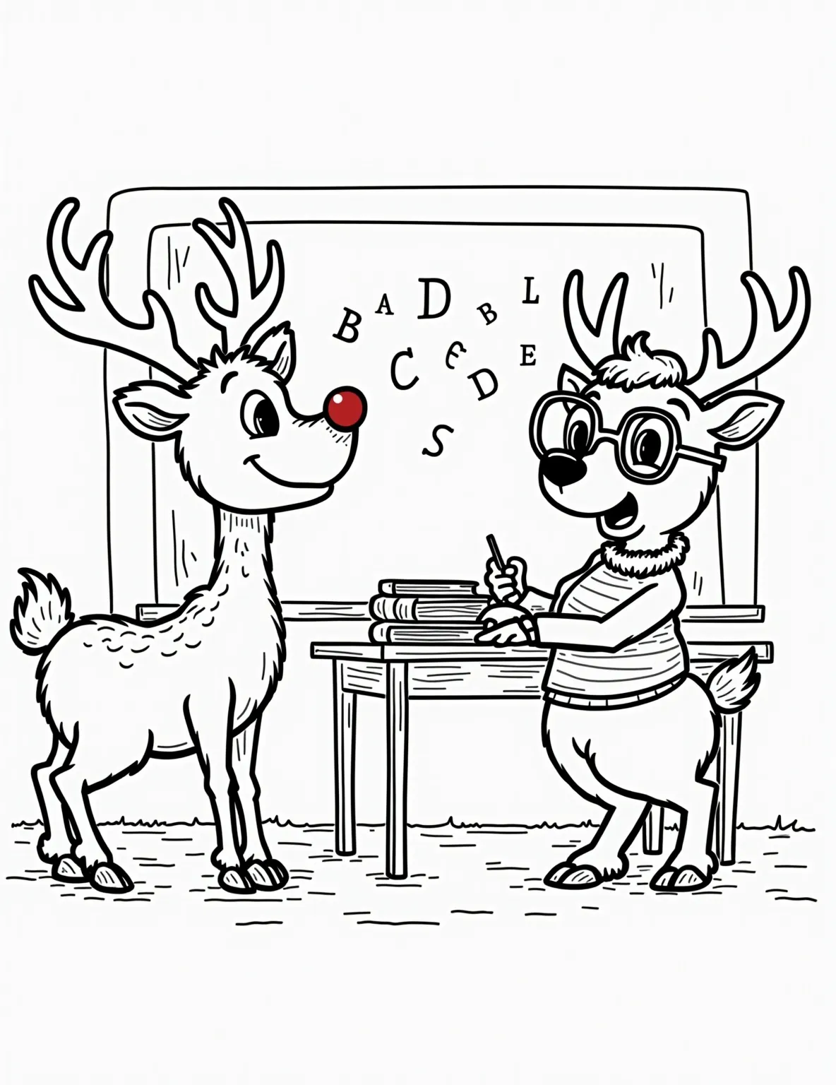 Rudolph's First Day of Reindeer School -- prompt: "black lines only Cheerful cartoon Rudolph, red nose shining, stands nervously among playful young reindeer. Smiling teacher deer with glasses oversees. Classroom filled with simple, bold outlines of forest elements. Large, clean shapes perfect for coloring. Blackboard displays ABCs of flying. Rudolph's classmates, flat black lines, premium coloring page, coloring sheet, line drawing, Coloring Book, NO COLOR, NO SHADING, WHITE BACKGROUND. NO GRAY, BLACK AND WHITE, NO COLOR" -- Experience Rudolph's early days in this sweet coloring page. It shows a young, slightly nervous Rudolph on his first day of reindeer school. Surrounded by other young reindeer and a kind teacher, this scene captures the mix of excitement and apprehension that comes with new beginnings.