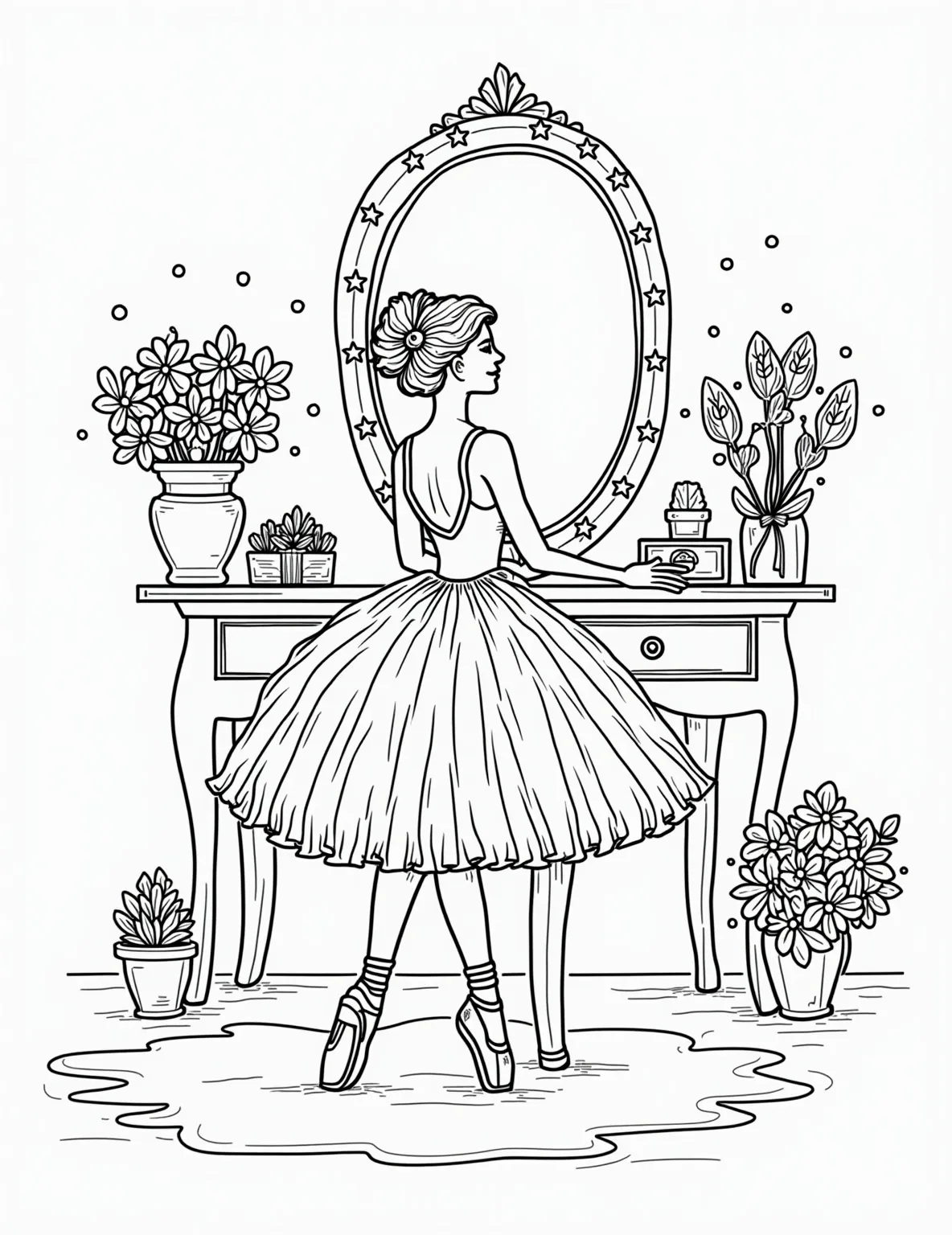 Ballerina's Dressing Room Coloring Page -- prompt: "black lines only Graceful ballerina outline at mirrored vanity. Flowing tutus hang nearby. Ribboned pointe shoes scatter floor. Bouquets frame scene. Bold, clean lines define shapes. Large, simple forms ideal for coloring. Dressing room elements stylized for easy filling. Joyful dance energy radiates throughout. flat black lines, premium coloring page, coloring sheet, line drawing, Coloring Book, NO COLOR, NO SHADING, WHITE BACKGROUND. NO GRAY, BLACK AND WHITE, NO COLOR" -- This detailed coloring page offers a glimpse into a ballerina's dressing room. The dancer is seen applying makeup in a mirror surrounded by costumes, pointe shoes, and bouquets of flowers. This page is perfect for those who love intricate, scene-based coloring.