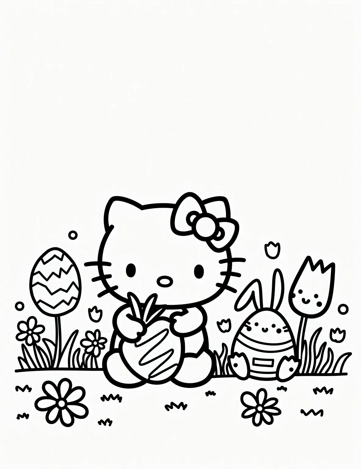 Hello Kitty's Easter Bunny Friend -- prompt: "black lines only Playful Hello Kitty and Easter bunny outline in thick black lines. Simplified meadow background with blocky flowers. Large, hollow Easter eggs scattered around. Kitty offering oversized carrot. Empty spaces invite coloring. Bold, chunky shapes perfect for children's coloring book page. flat black lines, premium coloring page, coloring sheet, line drawing, Coloring Book, NO COLOR, NO SHADING, WHITE BACKGROUND. NO GRAY, BLACK AND WHITE, NO COLOR" -- In this sweet coloring page, Hello Kitty is sharing a tender moment with a fluffy Easter bunny. The two are sitting in a meadow, surrounded by Easter eggs and daisies. Hello Kitty is offering a carrot to her new furry friend, showcasing the spirit of sharing during the holiday.