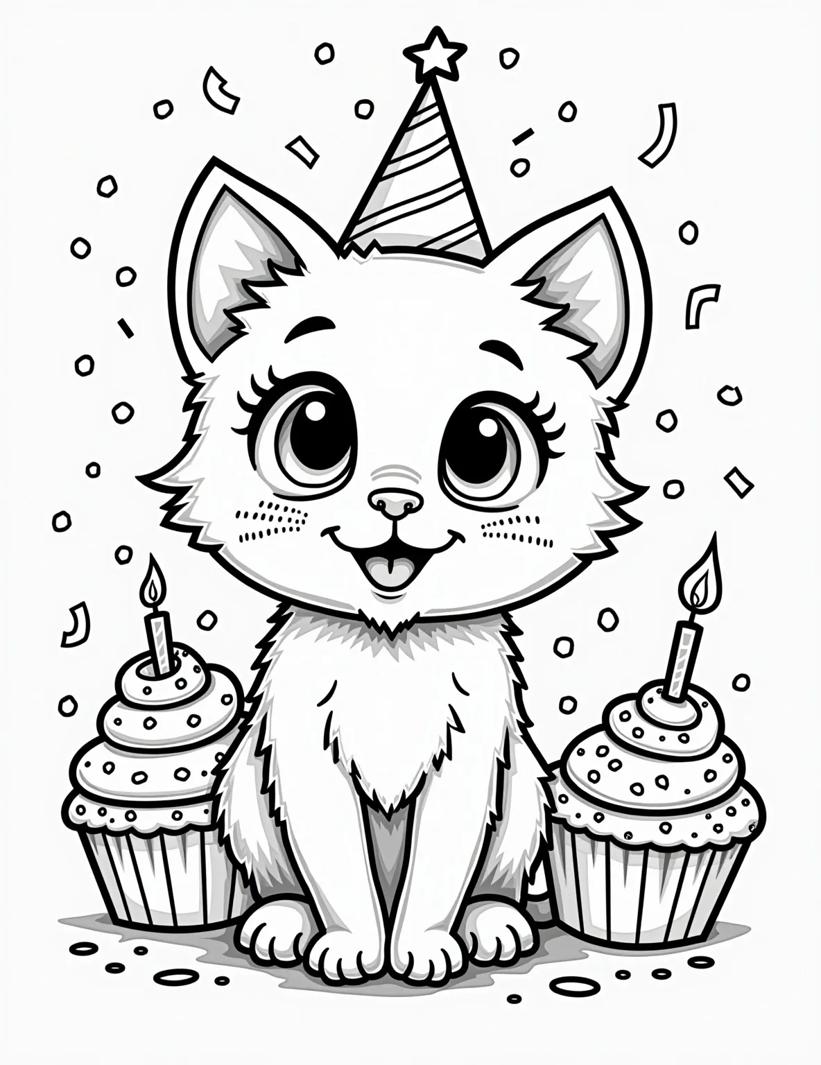 Kawaii Kitty's Cupcake Party Coloring Page -- prompt: "black lines only Adorable kitten outline with big eyes and whiskers, surrounded by cupcake shapes. Frosting-dotted nose, party hat atop head. Bold, simple lines perfect for coloring. Sprinkles, candles, and confetti scattered throughout. Joyful birthday scene in playful, easy-to-color style. flat black lines, premium coloring page, coloring sheet, line drawing, Coloring Book, NO COLOR, NO SHADING, WHITE BACKGROUND. NO GRAY, BLACK AND WHITE, NO COLOR" -- Dive into a world of sweetness with this adorable kawaii kitty coloring page! The cute cat is surrounded by a variety of delicious-looking cupcakes, each with its own unique toppings and decorations. This page is perfect for both children and adults who love cute animals and tasty treats.