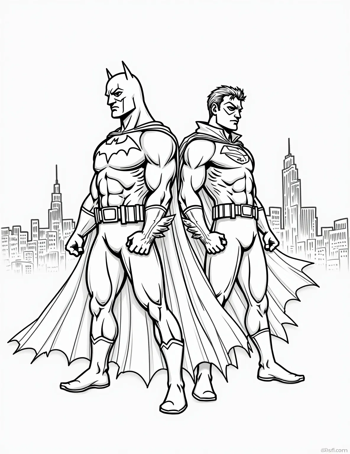 Batman and Robin Dynamic Duo Coloring Page -- prompt: "black lines only Batman and Robin, iconic duo, stand back-to-back in heroic poses. Bold outlines define their muscular forms, capes billowing. Gotham City skyline backdrop with Bat-Signal shining. Simplified shapes and thick lines perfect for coloring. Empty spaces await vibrant hues. Fun, action-packed coloring book page. flat black lines, premium coloring page, coloring sheet, line drawing, Coloring Book, NO COLOR, NO SHADING, WHITE BACKGROUND. NO GRAY, BLACK AND WHITE, NO COLOR" -- Celebrate the classic partnership of Batman and Robin with this action-packed coloring page. The Dynamic Duo is shown ready for action, showcasing their iconic costumes and determined expressions. This page is great for those who love coloring multiple characters in a single scene.