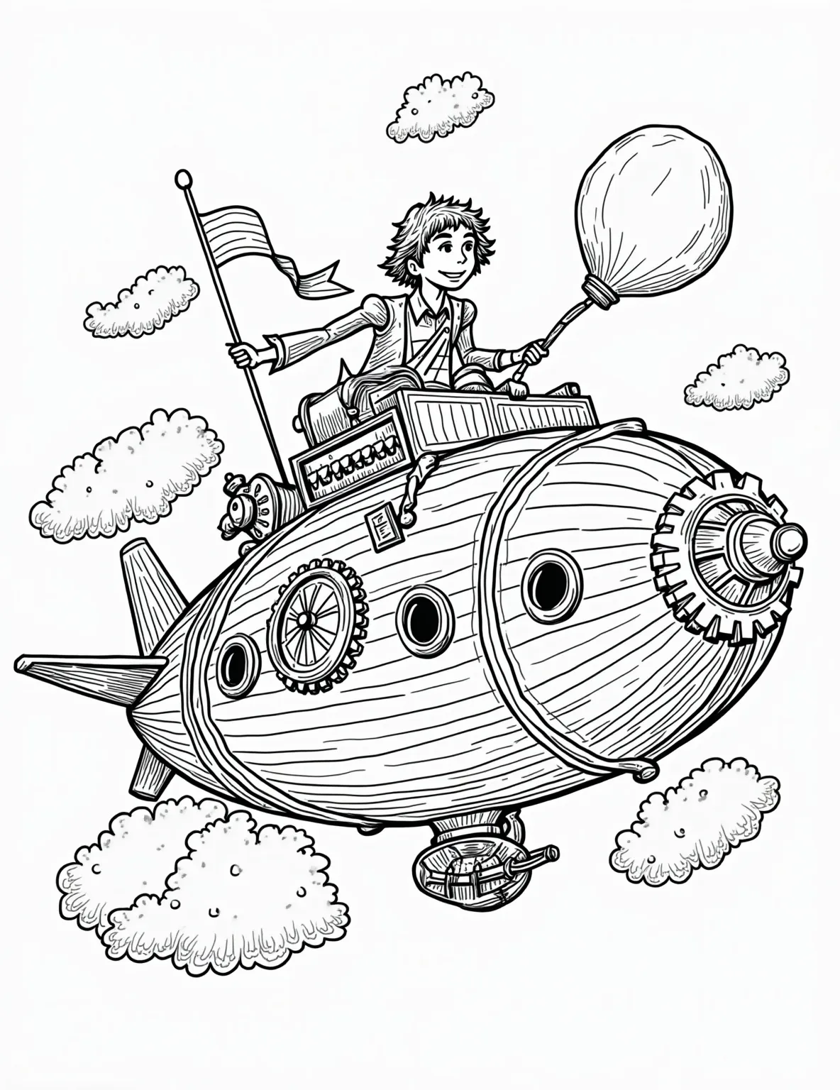 Steampunk Airship Captain Coloring Page -- prompt: "black lines only Playful coloring page of young captain steering steampunk airship. Oversized gears, puffy balloons, spinning propellers. Fluffy clouds frame scene. Boy's determined expression, tousled hair. Airship's whimsical design with portholes, flags, and steam whistles. Bold outlines for easy coloring. flat black lines, premium coloring page, coloring sheet, line drawing, Coloring Book, NO COLOR, NO SHADING, WHITE BACKGROUND. NO GRAY, BLACK AND WHITE, NO COLOR" -- Soar into a world of adventure with this imaginative steampunk airship captain coloring page. It depicts a young boy piloting a fantastical airship through the clouds. This page is perfect for boys who love combining historical and futuristic elements in their imagination.