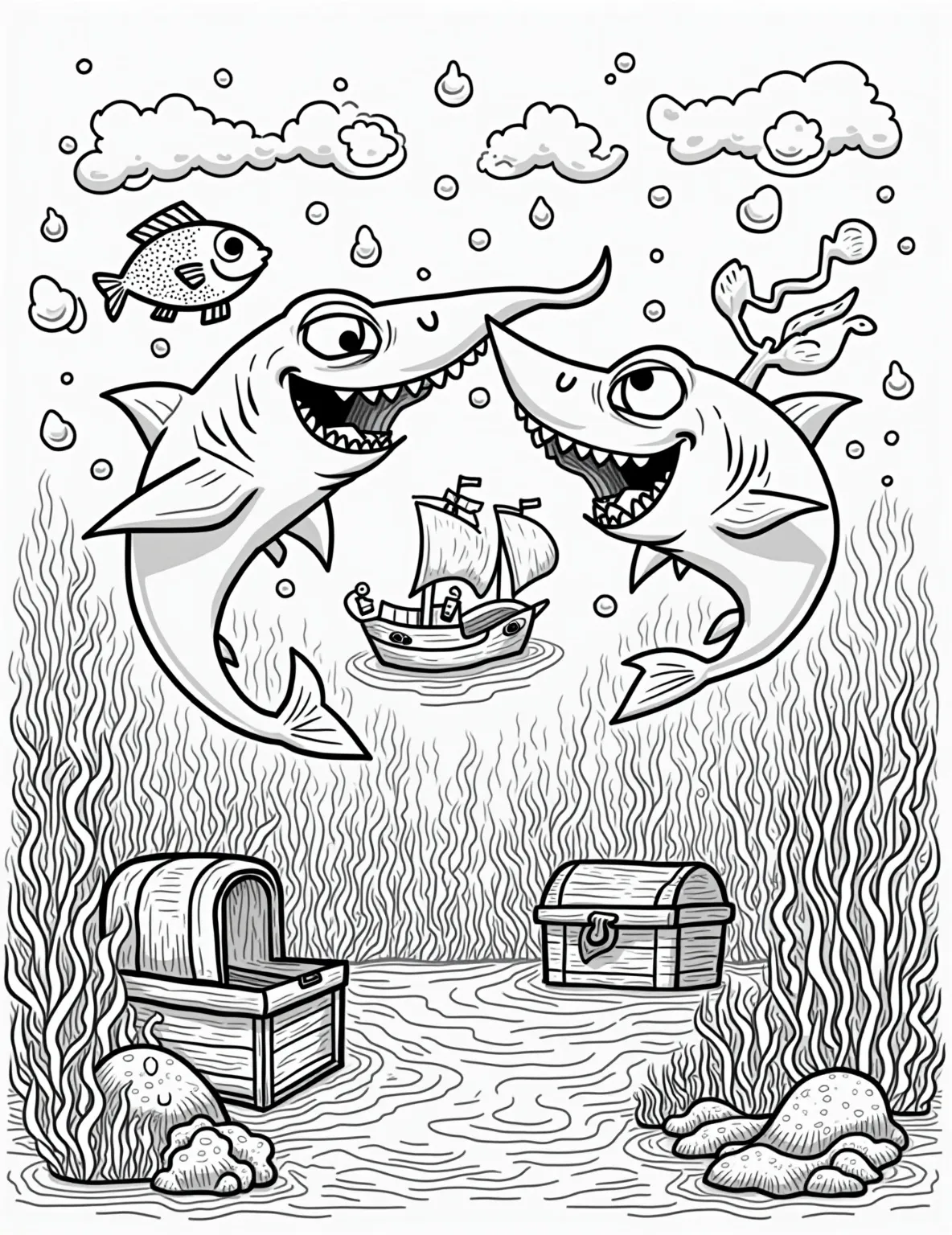 Shark vs. Giant Squid Battle -- prompt: "black lines only Playful coloring page: Cartoonish shark and squid wrestle in bubbly ocean. Comically exaggerated features, thick outlines. Goofy fish dart around, coral reefs frame scene. Swirling currents, treasure chest, and sunken ship add fun details. Perfect for imaginative coloring adventures. flat black lines, premium coloring page, coloring sheet, line drawing, Coloring Book, NO COLOR, NO SHADING, WHITE BACKGROUND. NO GRAY, BLACK AND WHITE, NO COLOR" -- Witness an epic underwater showdown in this thrilling coloring page. It depicts a fierce battle between a powerful shark and a giant squid in the depths of the ocean. This dramatic scene is ideal for older kids and adults who enjoy action-packed marine life illustrations.