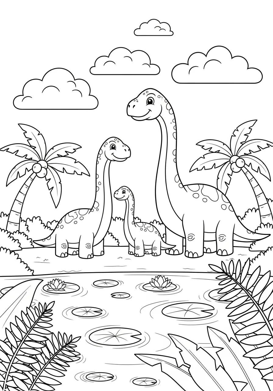 Gentle Brontosaurus Family by the Lake Coloring Page -- prompt: "black lines only Happy Brontosaurus family with curved graceful necks reaching toward fluffy clouds, standing beside calm lake with lily pads, surrounded by simple palm trees and ferns, bold black outlines, clean white spaces perfect for children's crayons and markers flat black lines, premium coloring page, coloring sheet, line drawing, Coloring Book, NO COLOR, NO SHADING, WHITE BACKGROUND. NO GRAY, BLACK AND WHITE, NO COLOR" -- This heartwarming scene depicts a family of long-necked Brontosaurus dinosaurs peacefully grazing near a serene prehistoric lake. The adult dinosaurs tower gracefully over their young ones, creating a touching family moment. This coloring page is ideal for those who appreciate the gentler side of dinosaur life and enjoy detailed nature scenes.