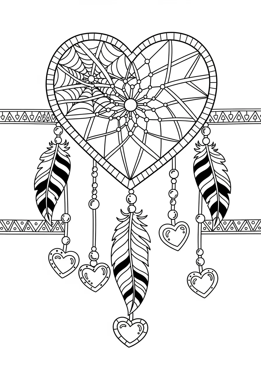 Heart-Shaped Dreamcatcher Coloring Page -- prompt: "black lines only Bold black line art heart-shaped dreamcatcher coloring page featuring geometric web patterns, flowing feathers with striped textures, dangling heart charms, beaded strings, and decorative border elements, designed for easy coloring with thick outlines and spacious sections flat black lines, premium coloring page, coloring sheet, line drawing, Coloring Book, NO COLOR, NO SHADING, WHITE BACKGROUND. NO GRAY, BLACK AND WHITE, NO COLOR" -- A beautiful dreamcatcher woven in the shape of a heart features intricate web patterns and hanging feathers adorned with small hearts. Beads and romantic charms dangle from leather strips, while the circular frame displays detailed geometric patterns. This spiritual and romantic design offers a unique twist on traditional Valentine's themes.