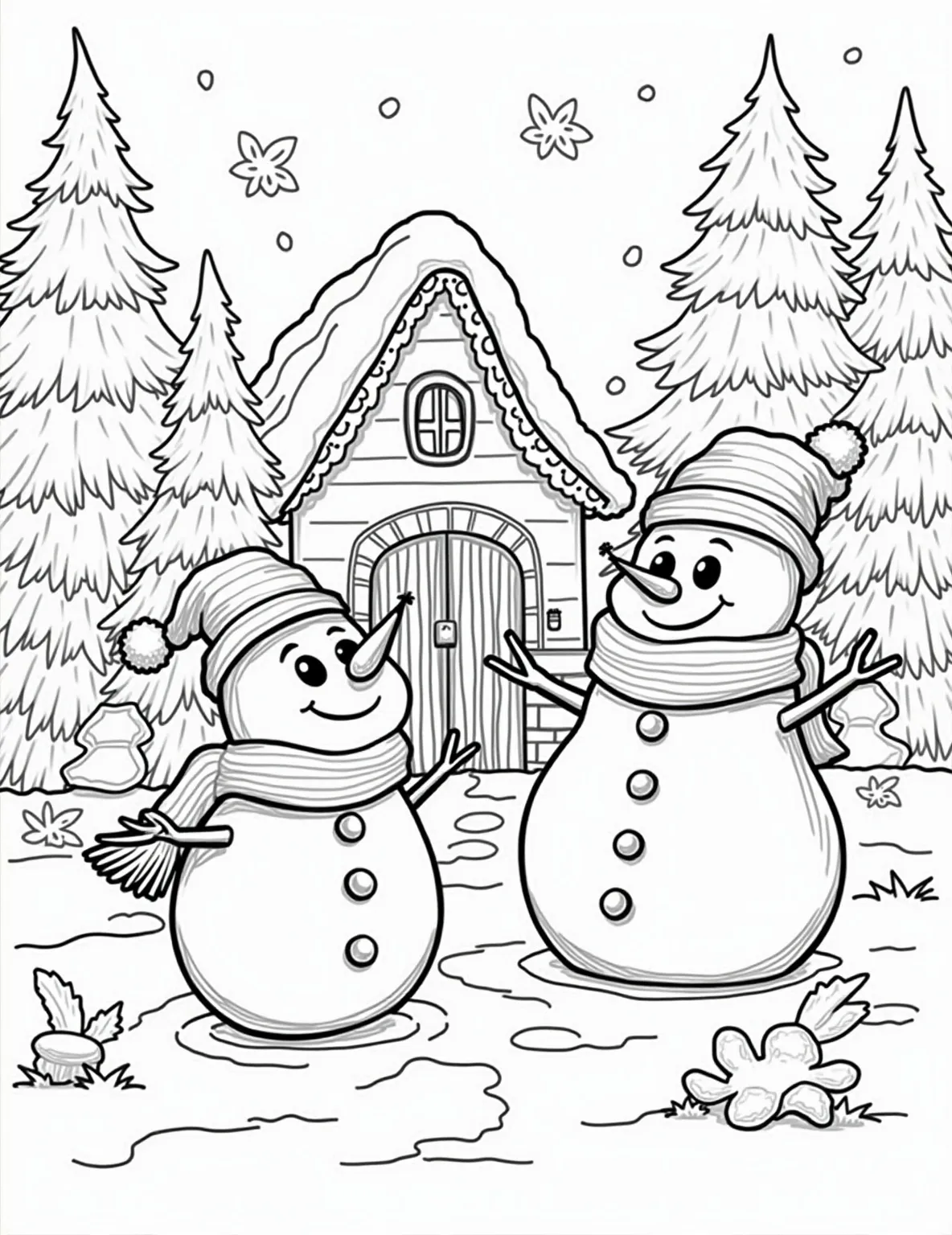 Jolly Snowman Family Coloring Page -- prompt: "black lines only Joyful snowman family in a winter wonderland coloring page. Bold outlines define cheerful faces, textured hats, patterned scarves, and simple shapes. Snowflakes, trees, and a cozy cottage backdrop. Brooms and carrots add playful elements. Perfect for creative coloring fun. flat black lines, premium coloring page, coloring sheet, line drawing, Coloring Book, NO COLOR, NO SHADING, WHITE BACKGROUND. NO GRAY, BLACK AND WHITE, NO COLOR" -- Bring a snowy day to life with this cheerful snowman family coloring page. The scene features a group of snowmen of various sizes, all decked out in winter accessories and sporting big smiles. This page is perfect for children who love building snowmen and celebrating winter fun.