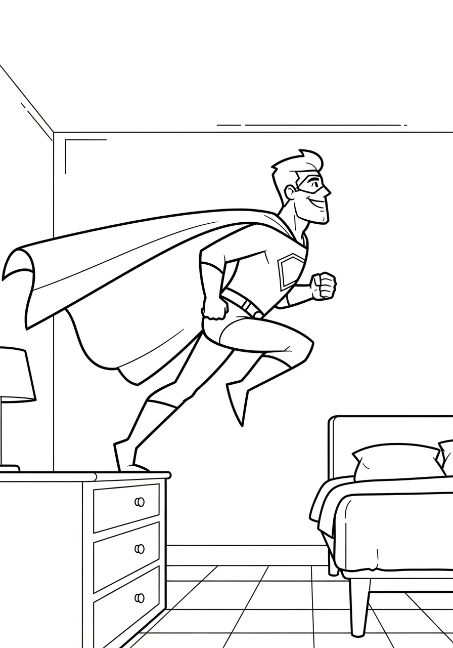 Gravity-Defying Hero Walking on Walls Coloring Page -- prompt: "black lines only Cheerful superhero with flowing cape walks sideways across bedroom wall, defying gravity with confident smile, bold black outlines, simple shapes, clean line art perfect for children's coloring, furniture below creates playful perspective flat black lines, premium coloring page, coloring sheet, line drawing, Coloring Book, NO COLOR, NO SHADING, WHITE BACKGROUND. NO GRAY, BLACK AND WHITE, NO COLOR" -- An amazing superhero walks casually along a wall as if it were the ground, defying gravity with ease. The unique perspective shows furniture and room elements from an unusual angle, creating an interesting spatial puzzle for colorists. This mind-bending scene challenges artists to think about how colors and shadows would appear in a gravity-defying situation.
