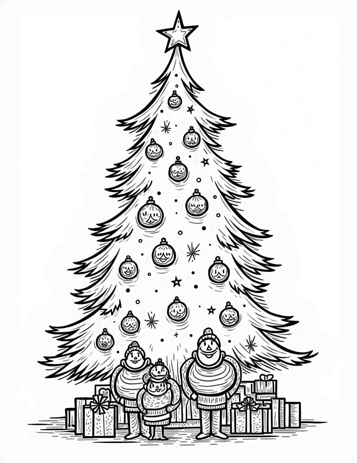 Christmas Tree Decorating Party Coloring Page -- prompt: "black lines only Joyful family decorates oversized Christmas tree. Bold outlines showcase ornaments, twinkling lights, and star topper. Thick branches curl playfully. Presents peek from below. Simplified shapes and patterns invite coloring. Smiling faces and festive sweaters add cheer. Snowflakes dance in background. flat black lines, premium coloring page, coloring sheet, line drawing, Coloring Book, NO COLOR, NO SHADING, WHITE BACKGROUND. NO GRAY, BLACK AND WHITE, NO COLOR" -- Get into the holiday spirit with this festive Christmas tree decorating scene. The coloring page shows a family working together to decorate a grand Christmas tree, complete with ornaments, lights, and a star on top. It's a heartwarming representation of family togetherness during the holiday season.