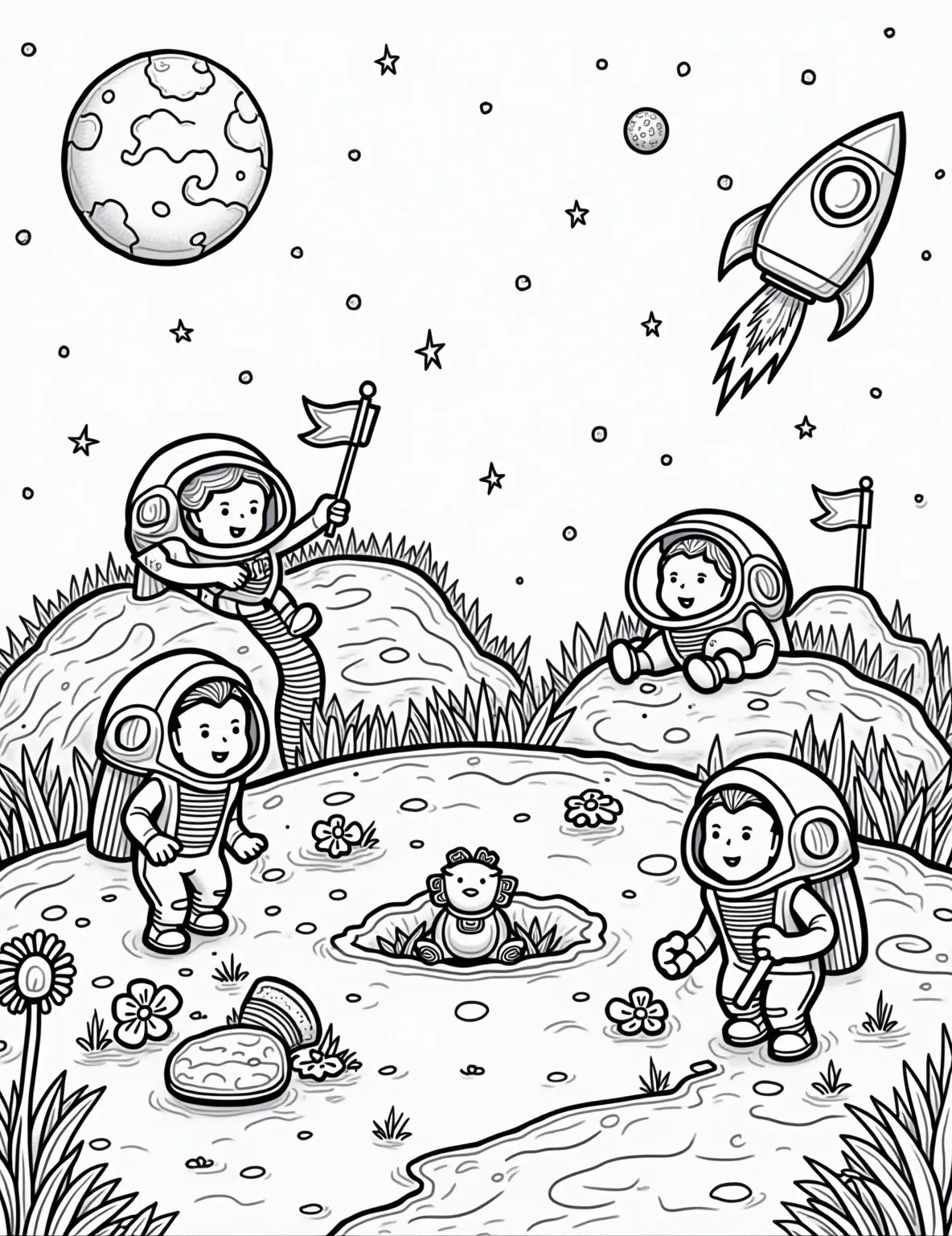 Lunar Base Colony -- prompt: "black lines only Lunar base coloring page: Bold outlines of interconnected domes, tubes, and moon rovers. Earth floats as a cheerful circle in starry sky. Astronauts wave, holding flags. Craters dot surface. Alien friend peeks from behind rock. Solar panels gleam. Rocket launches. Space flowers bloom. flat black lines, premium coloring page, coloring sheet, line drawing, Coloring Book, NO COLOR, NO SHADING, WHITE BACKGROUND. NO GRAY, BLACK AND WHITE, NO COLOR" -- Envision humanity's future on the moon with this detailed lunar base coloring page. The scene shows interconnected domes and structures on the lunar surface, with Earth visible in the sky. It's perfect for those who dream of humans living and working beyond Earth.