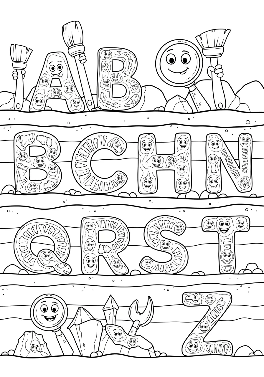 Dinosaur Alphabet Fossil Dig Coloring Page -- prompt: "black lines only Fun coloring book page featuring cartoon dinosaur fossils and bones arranged as alphabet letters across archaeological dig site layers, surrounded by oversized brushes, magnifying glasses, and excavation tools with bold black outlines and cheerful expressions flat black lines, premium coloring page, coloring sheet, line drawing, Coloring Book, NO COLOR, NO SHADING, WHITE BACKGROUND. NO GRAY, BLACK AND WHITE, NO COLOR" -- Unearth prehistoric learning with this exciting coloring page where dinosaur bones are arranged to spell out the alphabet! Each letter is formed by carefully positioned fossils and skeletal remains in an archaeological dig site. This educational page appeals to young paleontologists while teaching letter recognition through their favorite extinct creatures.