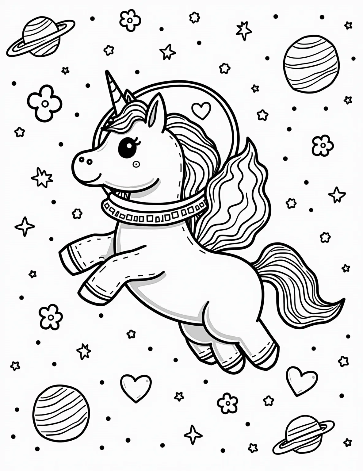 Unicorn's Cosmic Journey Coloring Page -- prompt: "black lines only Playful unicorn in bulbous spacesuit, mane flowing through helmet. Floating amidst cartoonish planets with silly faces. Stars shaped like hearts and flowers. Thick, bold outlines perfect for coloring. Cosmic background with swirling nebulas and comets. Unicorn's hooves kicking stardust. flat black lines, premium coloring page, coloring sheet, line drawing, Coloring Book, NO COLOR, NO SHADING, WHITE BACKGROUND. NO GRAY, BLACK AND WHITE, NO COLOR" -- Blast off into a magical space adventure with this adorable unicorn astronaut coloring page. Young space enthusiasts will love adding color to the unicorn's spacesuit, planets, and twinkling stars. This page combines the wonder of space exploration with the charm of unicorns, making it a stellar choice for curious minds.