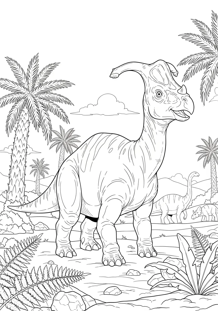 Crested Lambeosaurus Calling to Herd Coloring Page -- prompt: "black lines only A cheerful Lambeosaurus dinosaur with prominent hollow crest stands on rolling prehistoric plains, mouth open mid-call, surrounded by palm trees and ferns, with distant herd members visible on horizon, bold black outlines perfect for coloring flat black lines, premium coloring page, coloring sheet, line drawing, Coloring Book, NO COLOR, NO SHADING, WHITE BACKGROUND. NO GRAY, BLACK AND WHITE, NO COLOR" -- Listen to the prehistoric sounds as this Lambeosaurus uses its hollow head crest to call out to other members of its herd across a vast ancient landscape. The distinctive trumpet-like crest and duck-bill features are beautifully detailed in this educational design. This coloring page perfectly illustrates how dinosaurs communicated with each other millions of years ago.