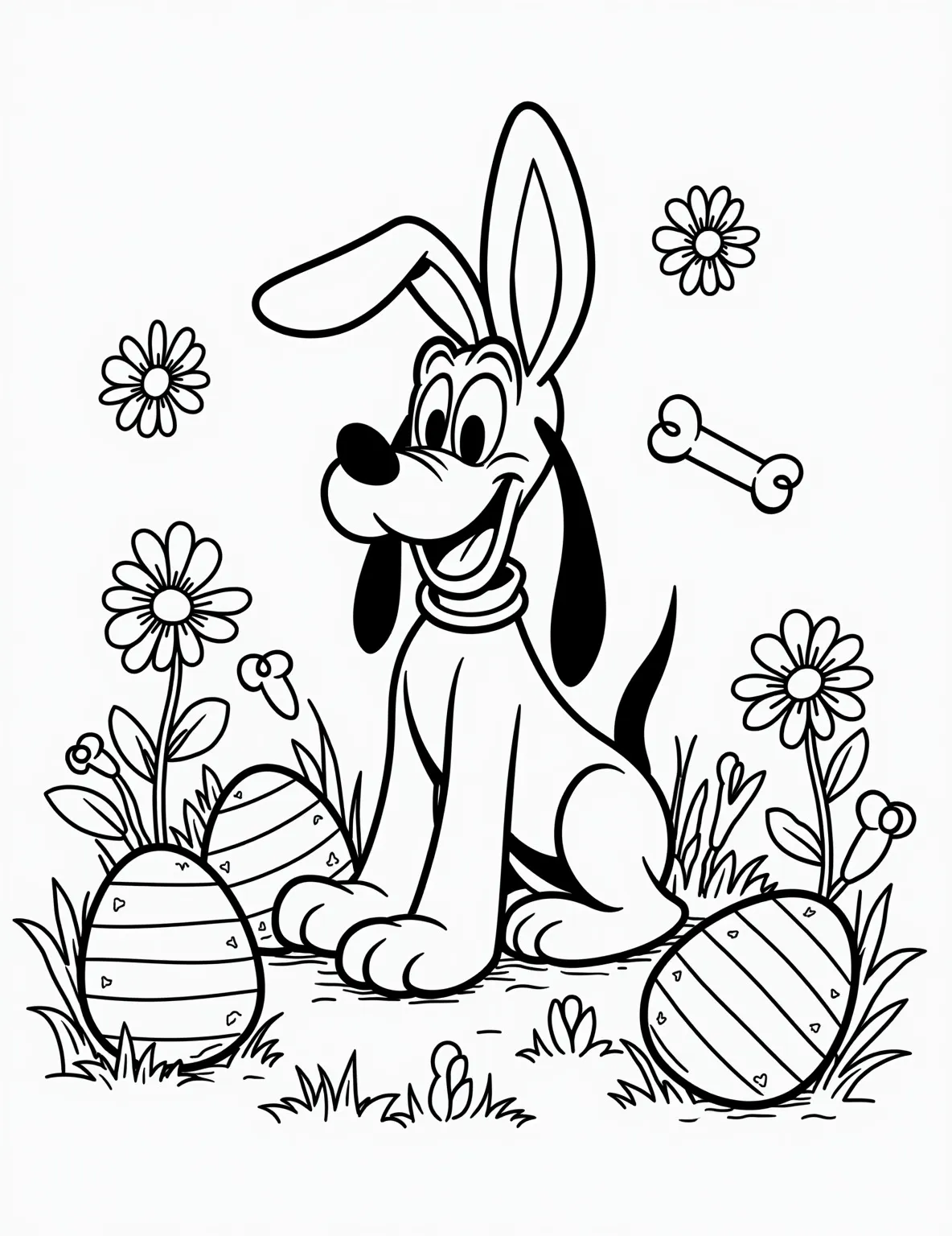 Pluto's Easter Bone Hunt -- prompt: "black lines only Pluto, Disney's beloved dog, dons floppy bunny ears, sniffing cartoon-style for Easter bones. Garden scene with bold outlines: oversized eggs, stylized flowers, simple shapes. Pluto's expressive eyes and wagging tail convey excitement. Thick, clean lines perfect for coloring. Playful Easter motifs scattered throughout. flat black lines, premium coloring page, coloring sheet, line drawing, Coloring Book, NO COLOR, NO SHADING, WHITE BACKGROUND. NO GRAY, BLACK AND WHITE, NO COLOR" -- Pluto takes center stage in this playful Easter coloring page. Instead of searching for eggs, Pluto is on the hunt for Easter-themed bones hidden around the garden. He's wearing bunny ears and has a basket ready to collect his special treats.