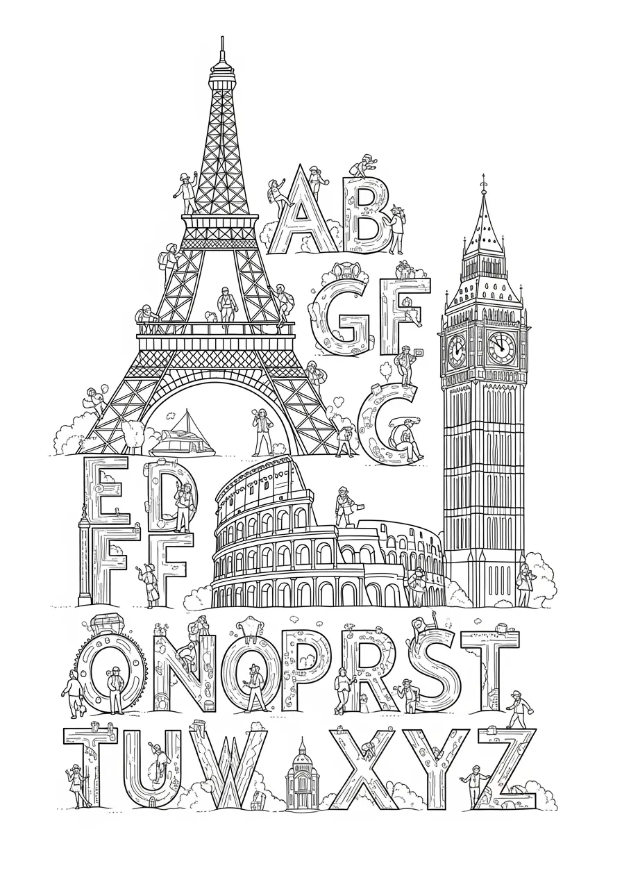 Alphabetical Architectural Wonders -- prompt: "black lines only Architectural wonders transformed into alphabet letters, sketched with bold outlines on crisp white paper. Eiffel Tower as 'A', Colosseum as 'C', Big Ben as 'B'. Empty spaces invite colorful imagination. Playful doodles of tourists and landmarks surround each letter, creating a global adventure coloring page. flat black lines, premium coloring page, coloring sheet, line drawing, Coloring Book, NO COLOR, NO SHADING, WHITE BACKGROUND. NO GRAY, BLACK AND WHITE, NO COLOR" -- Travel the world from A to Z with this sophisticated coloring page featuring famous landmarks forming each letter of the alphabet. From the Arch de Triomphe to the Zigzag Bridge, this page offers a cultural and educational experience. Perfect for older children and adults, it combines geography, architecture, and lettering in one captivating design.