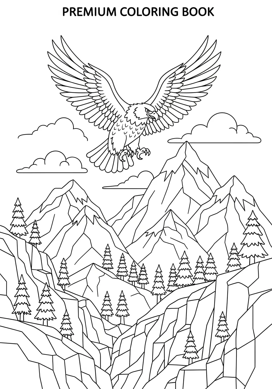Soaring Eagle Mountain Vista Coloring Page -- prompt: "black lines only Majestic golden eagle with outstretched wings soaring above jagged mountain peaks, fluffy cartoon clouds drifting below, tall pine trees dotting rocky cliffs, bold black outlines, simple shapes perfect for coloring, cheerful adventure scene flat black lines, premium coloring page, coloring sheet, line drawing, Coloring Book, NO COLOR, NO SHADING, WHITE BACKGROUND. NO GRAY, BLACK AND WHITE, NO COLOR" -- This inspiring scene shows a golden eagle soaring high above mountain peaks with clouds in the background. The detailed feathers and majestic wingspan capture the power and freedom of these remarkable birds of prey. It's excellent for discussing conservation and the importance of protecting natural habitats.