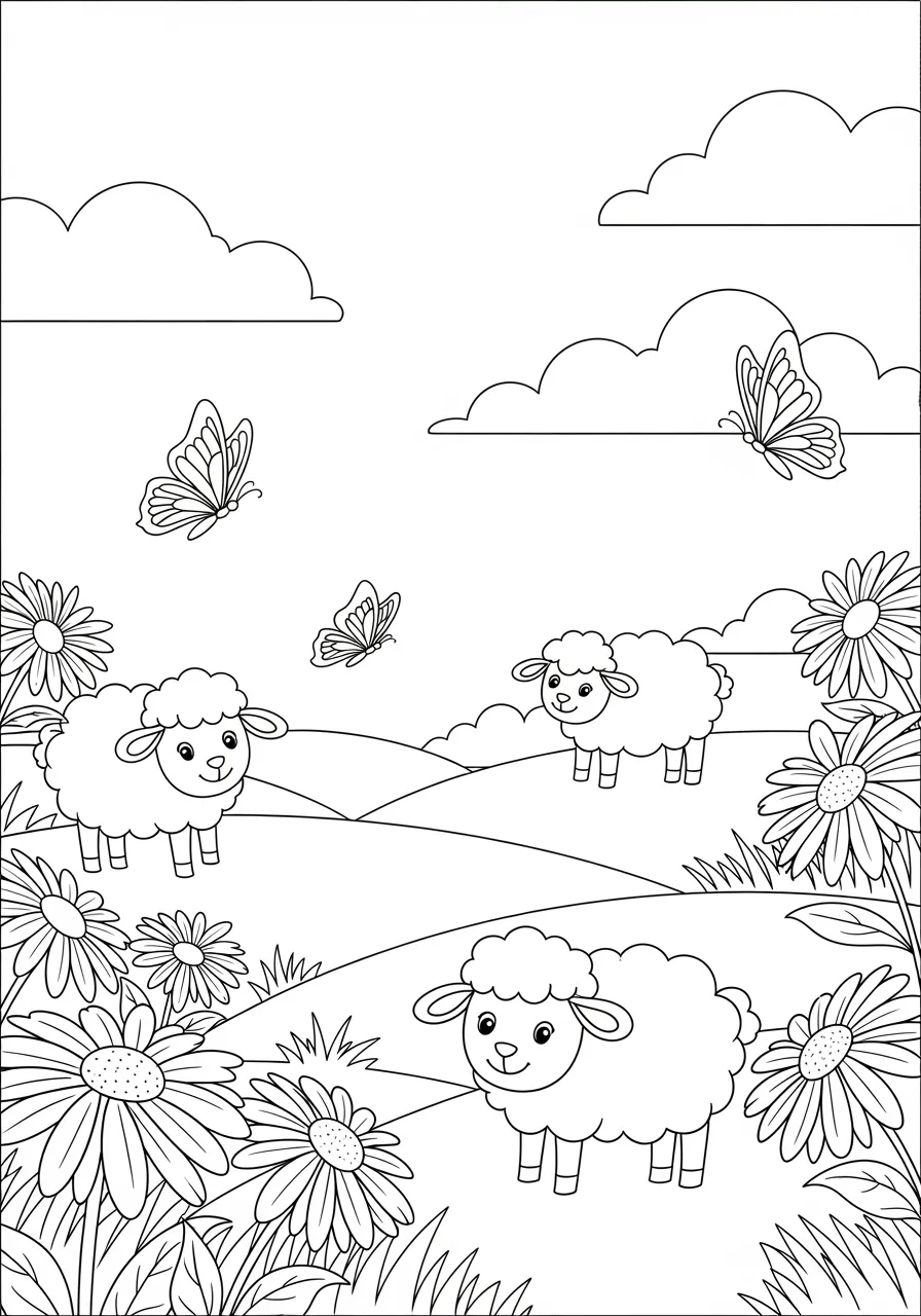 Friendly Sheep Flock Meadow Scene Coloring Page -- prompt: "black lines only Fun coloring book style illustration of fluffy cartoon sheep with smiling faces scattered across a rolling meadow, surrounded by large daisy flowers, butterflies, puffy clouds, and bold black outlines perfect for children's coloring activities flat black lines, premium coloring page, coloring sheet, line drawing, Coloring Book, NO COLOR, NO SHADING, WHITE BACKGROUND. NO GRAY, BLACK AND WHITE, NO COLOR" -- This peaceful pastoral scene shows a flock of fluffy sheep grazing in a green meadow with wildflowers. The sheep's woolly coats and gentle expressions create a calming coloring experience. It's wonderful for teaching children about farm animals and pastoral landscapes.