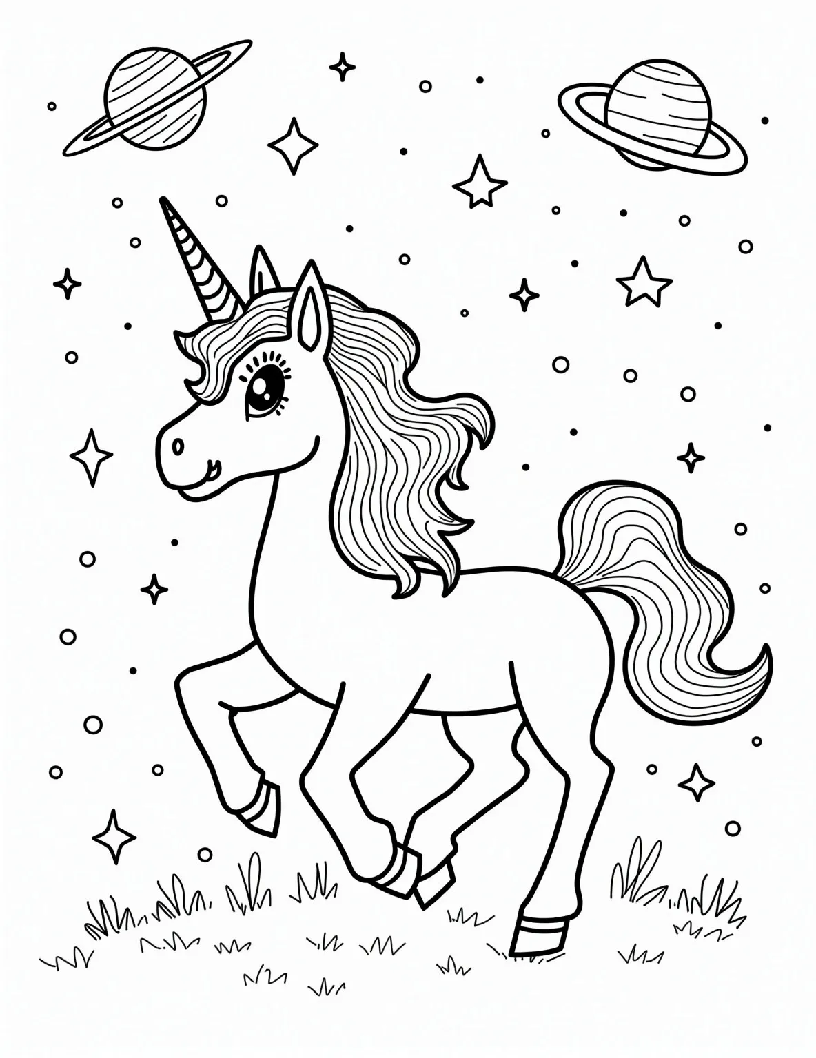 Cosmic Unicorn's Galactic Adventure -- prompt: "black lines only Playful unicorn galloping through cosmic playground. Simplified outline of majestic creature, mane flowing. Starry sky backdrop with chunky planets, swirling galaxies. Bold, thick lines perfect for coloring. Magical space adventure scene on single page. Whimsical celestial elements scattered throughout. flat black lines, premium coloring page, coloring sheet, line drawing, Coloring Book, NO COLOR, NO SHADING, WHITE BACKGROUND. NO GRAY, BLACK AND WHITE, NO COLOR" -- Embark on an interstellar journey with this out-of-this-world coloring page designed for adults. A majestic unicorn gallops through a star-studded galaxy, its mane flowing with cosmic energy. Intricate details in the background, such as planets, nebulae, and constellations, offer a challenging and rewarding coloring experience.