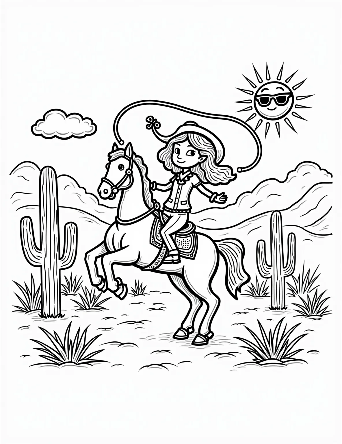 Cowgirl's Wild West Adventure -- prompt: "black lines only Coloring page depicting spirited cowgirl astride galloping horse, lasso swirling overhead. Cactus-dotted desert landscape with rolling dunes. Stylized sun, clouds, and tumbleweeds. Bold outlines, simple shapes for easy coloring. Playful Western elements like horseshoes, cowboy hat, bandana. Fun, age-appropriate design for young artists. flat black lines, premium coloring page, coloring sheet, line drawing, Coloring Book, NO COLOR, NO SHADING, WHITE BACKGROUND. NO GRAY, BLACK AND WHITE, NO COLOR" -- Saddle up for excitement with this spirited cowgirl coloring page. Our young wrangler is shown riding a horse, lasso in hand, with a desert landscape in the background. Her cowboy hat and boots offer fun Western details to color.