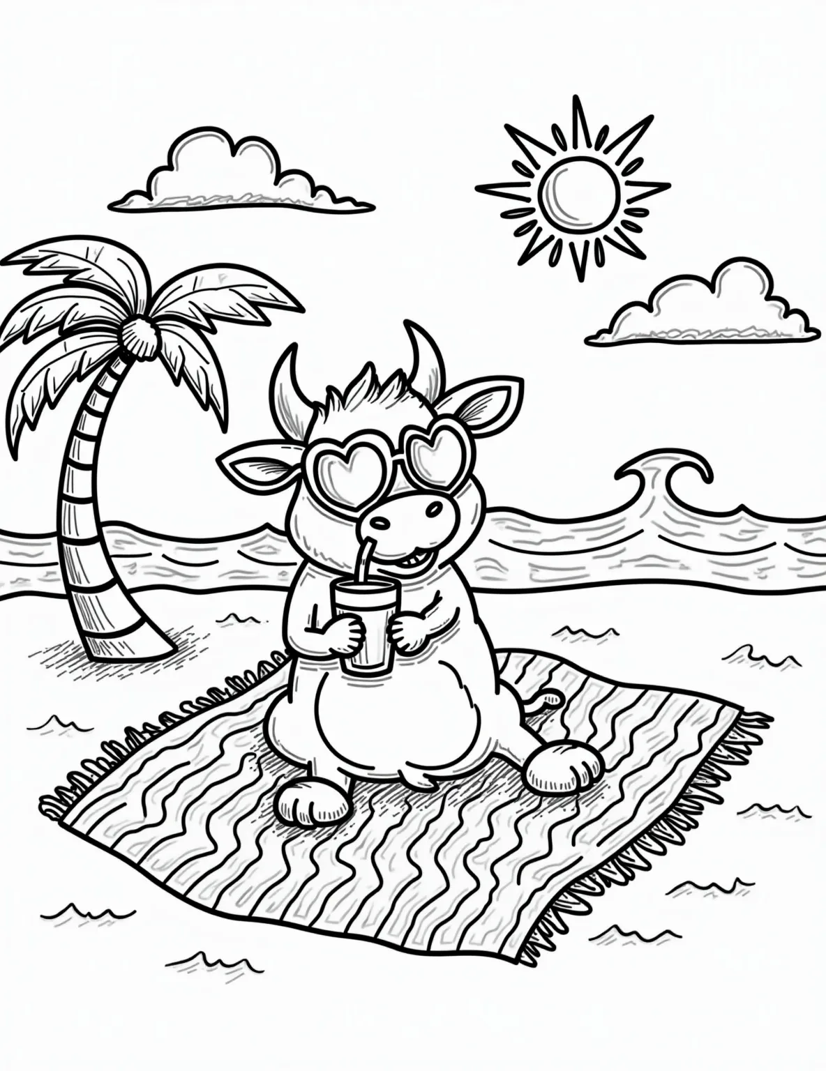 Cow's Day at the Beach -- prompt: "black lines only Playful line-art coloring page: Cheerful cartoon cow lounging on striped beach towel. Palm tree-shaped umbrella casts wavy shadows. Cow wears heart-shaped sunglasses, sips pineapple drink through curly straw. Ocean waves and smiling sun in background. Bold outlines, simple shapes. flat black lines, premium coloring page, coloring sheet, line drawing, Coloring Book, NO COLOR, NO SHADING, WHITE BACKGROUND. NO GRAY, BLACK AND WHITE, NO COLOR" -- In this humorous scene, a cow is enjoying a day at the beach. Complete with sunglasses, a beach umbrella, and a cool drink, this page offers a fun twist on the typical cow setting. It's sure to bring smiles and giggles while coloring.