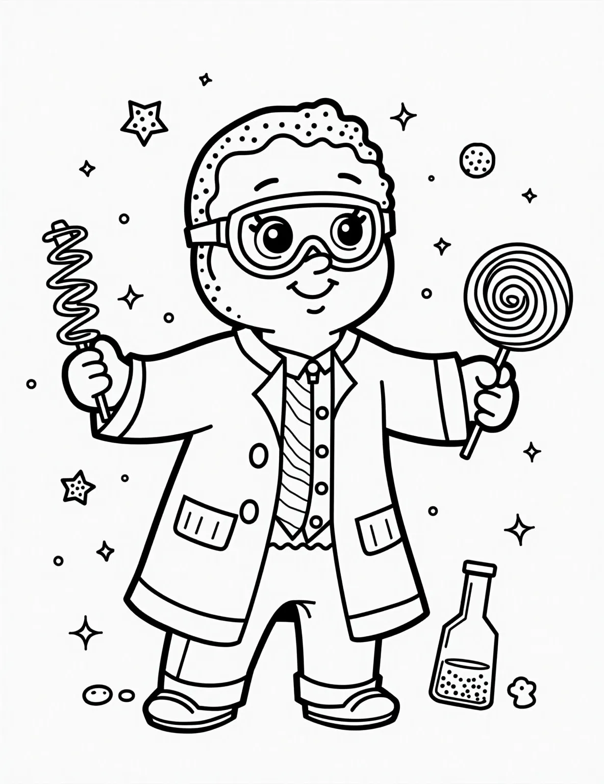 Gingerbread Scientist's Laboratory Adventure Coloring Page -- prompt: "black lines only Gingerbread scientist with frosting lab coat, sprinkle-rimmed goggles in candy cane laboratory. Gumdrop beakers, licorice test tubes, marshmallow microscope. Lollipop DNA strands, chocolate formulas on wafer walls. Bold outlines, simple shapes for easy coloring. Cheerful expressions, playful scientific atmosphere. flat black lines, premium coloring page, coloring sheet, line drawing, Coloring Book, NO COLOR, NO SHADING, WHITE BACKGROUND. NO GRAY, BLACK AND WHITE, NO COLOR" -- This imaginative coloring page features a gingerbread scientist conducting experiments in a whimsical laboratory. The scene is filled with bubbling beakers, swirling formulas, and quirky inventions, all with a gingerbread twist. It's a perfect blend of science and fantasy that will spark curiosity and creativity in young minds.