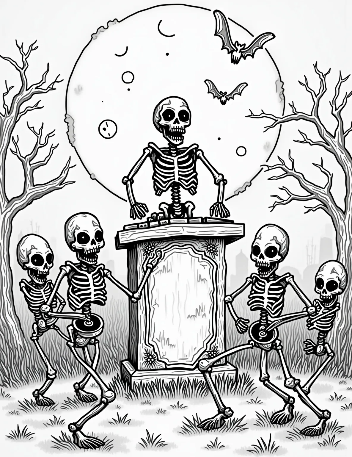 Zombie Dance Party -- prompt: "black lines only Playful cartoon zombies groove in a moonlit graveyard. DJ zombie spins tunes on tombstone turntable. Bold outlines, simple shapes. Gravestones, bones, bats fill scene. Zombies' limbs detached yet dancing. Crescent moon grins. Coloring book page invites creativity. flat black lines, premium coloring page, coloring sheet, line drawing, Coloring Book, NO COLOR, NO SHADING, WHITE BACKGROUND. NO GRAY, BLACK AND WHITE, NO COLOR" -- Get your groove on with this hilarious coloring page of zombies having a dance party. The scene depicts a group of zombies in various states of decay, dancing to music in a graveyard setting with a full moon overhead. This page is ideal for older children and adults who enjoy a bit of humor with their Halloween themes.