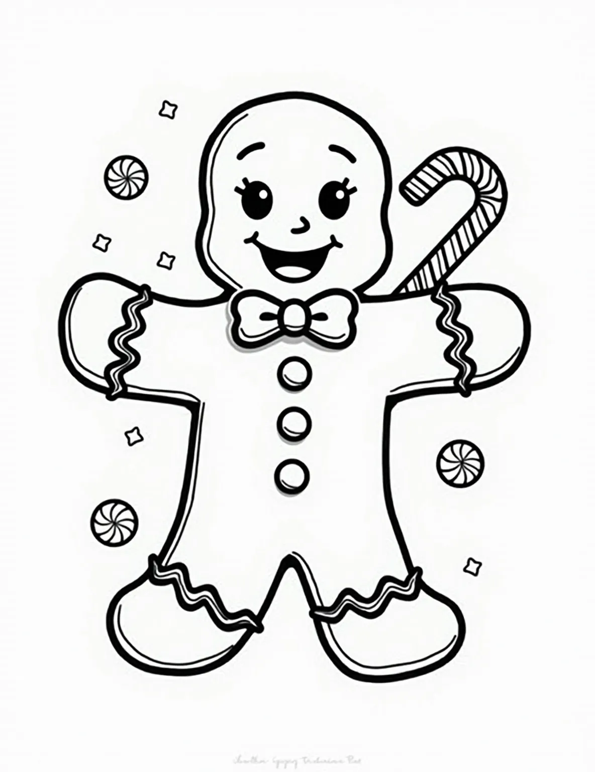 Classic Gingerbread Man Coloring Page -- prompt: "black lines only Cheerful gingerbread man outline for coloring, bold black lines on white background. Round head, stick limbs, gumdrop buttons, zigzag icing smile. Simple shapes, large eyes, bowtie detail. Playful pose, arms outstretched. Perfect for children's creative fun. Coloring book style page, flat black lines, premium coloring page, coloring sheet, line drawing, Coloring Book, NO COLOR, NO SHADING, WHITE BACKGROUND. NO GRAY, BLACK AND WHITE, NO COLOR" -- This charming coloring page features a traditional gingerbread man with a big smile. He's adorned with the classic button and icing details, perfect for bringing to life with vibrant colors. This page is ideal for introducing young children to the beloved holiday character.