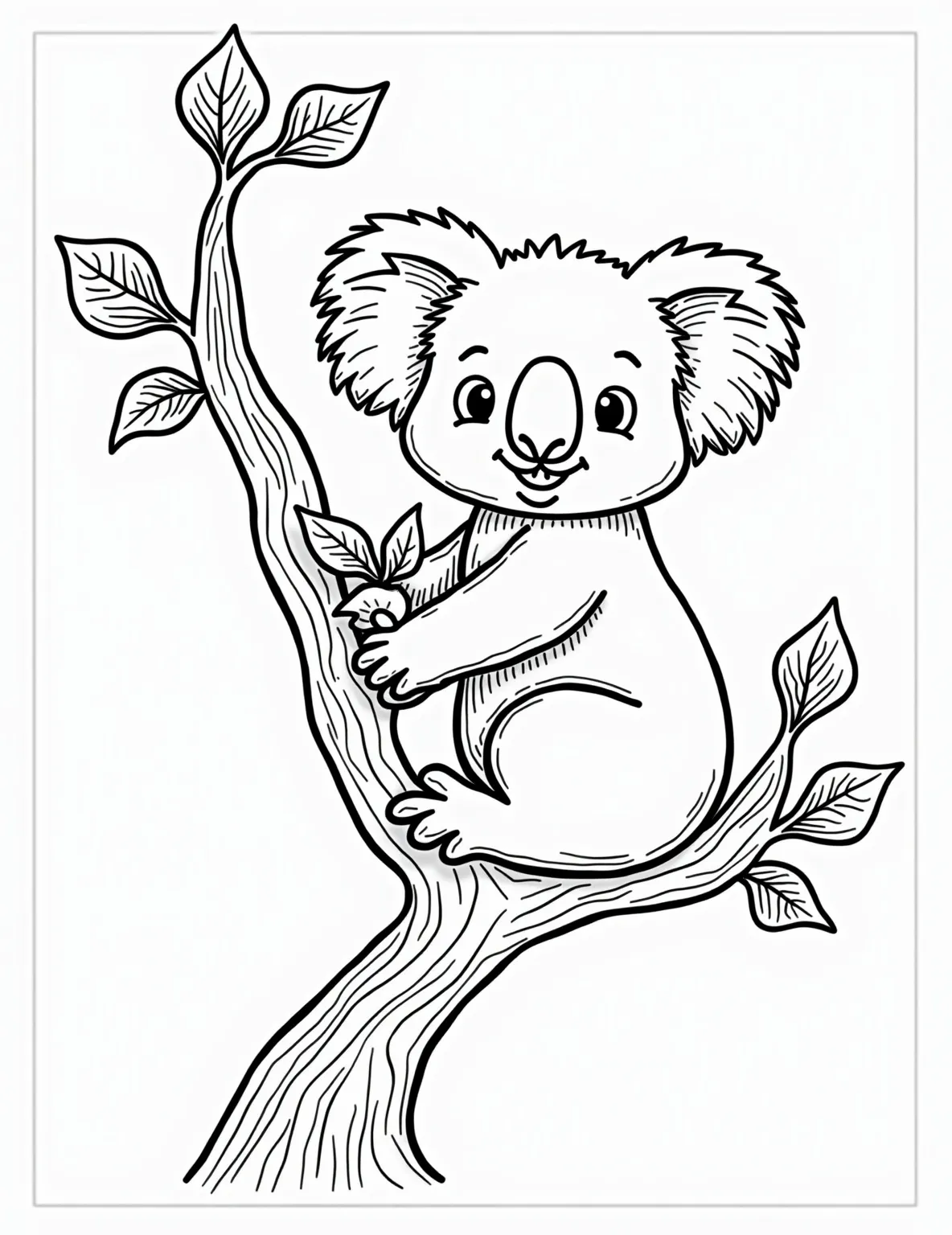 Cuddly Koala's Eucalyptus Feast -- prompt: "black lines only Charming koala outline perched on curvy eucalyptus branch. Oversized ears, button nose, fluffy fur tufts. Munching leaf with content smile. Swirling tree patterns, heart-shaped leaves. Chunky lines perfect for coloring. Playful composition balancing simplicity and detail. Fun, engaging design for all ages. flat black lines, premium coloring page, coloring sheet, line drawing, Coloring Book, NO COLOR, NO SHADING, WHITE BACKGROUND. NO GRAY, BLACK AND WHITE, NO COLOR" -- Embrace the cuteness with this adorable koala coloring page. The koala is perched in a eucalyptus tree, contentedly munching on leaves. This page is perfect for those who love Australian wildlife and enjoy coloring furry textures.