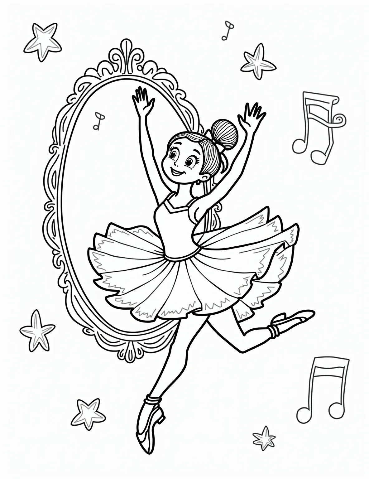 Ballerina and Her Reflection Coloring Page -- prompt: "black lines only Playful ballerina outline with exaggerated tutu and pointe shoes, gazing at mirror reflection. Studio backdrop features barre, music notes, and floating ribbons. Bold, simple lines perfect for coloring. Joyful expression captures dance's spirit. Mirror frame adorned with swirling patterns and stars. flat black lines, premium coloring page, coloring sheet, line drawing, Coloring Book, NO COLOR, NO SHADING, WHITE BACKGROUND. NO GRAY, BLACK AND WHITE, NO COLOR" -- This artistic coloring page shows a ballerina admiring her reflection in a full-length mirror. The mirror image doubles the coloring fun, with slight differences that add interest. The ornate mirror frame and studio details provide extra elements to bring to life with color.