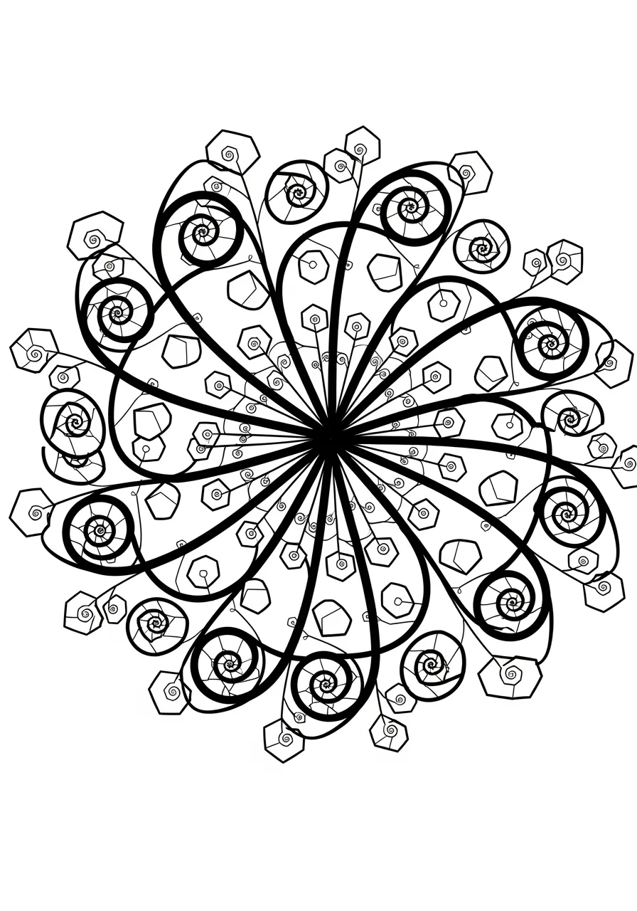 Fractal Geometry Wonderland Coloring Page -- prompt: "black lines only Playful fractal mandala bursting with spiraling triangles and hexagons dancing outward from center, curved vines weaving between geometric petals, bold black outlines perfect for crayons, creating joyful meditative coloring experience with endless branching patterns flat black lines, premium coloring page, coloring sheet, line drawing, Coloring Book, NO COLOR, NO SHADING, WHITE BACKGROUND. NO GRAY, BLACK AND WHITE, NO COLOR" -- Enter a mathematical wonderland where fractal patterns create infinite beauty. This sophisticated design features repeating geometric motifs that spiral and branch in fascinating ways. The intricate mathematical patterns offer adult colorists a unique opportunity to explore the intersection of art and science.