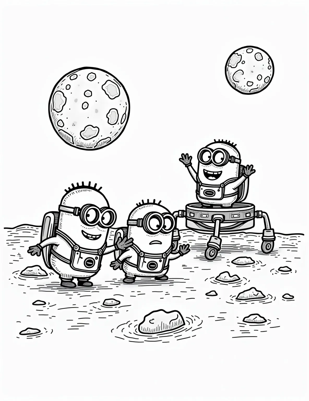 Minion Moonwalk Adventure -- prompt: "black lines only Chunky Minion astronauts bounce across lunar craters, their oversized space suits outlined in bold black. A cartoonish lunar lander sits nearby, its legs splayed. Earth floats above, a swirling blue-green circle. Thick lines and simple shapes create a playful, easy-to-color scene. flat black lines, premium coloring page, coloring sheet, line drawing, Coloring Book, NO COLOR, NO SHADING, WHITE BACKGROUND. NO GRAY, BLACK AND WHITE, NO COLOR" -- Blast off into an out-of-this-world coloring experience with our Minion astronauts! This page features our beloved yellow friends exploring the moon's surface, complete with a lunar lander and Earth in the background. It's perfect for kids who dream of space exploration and love science.