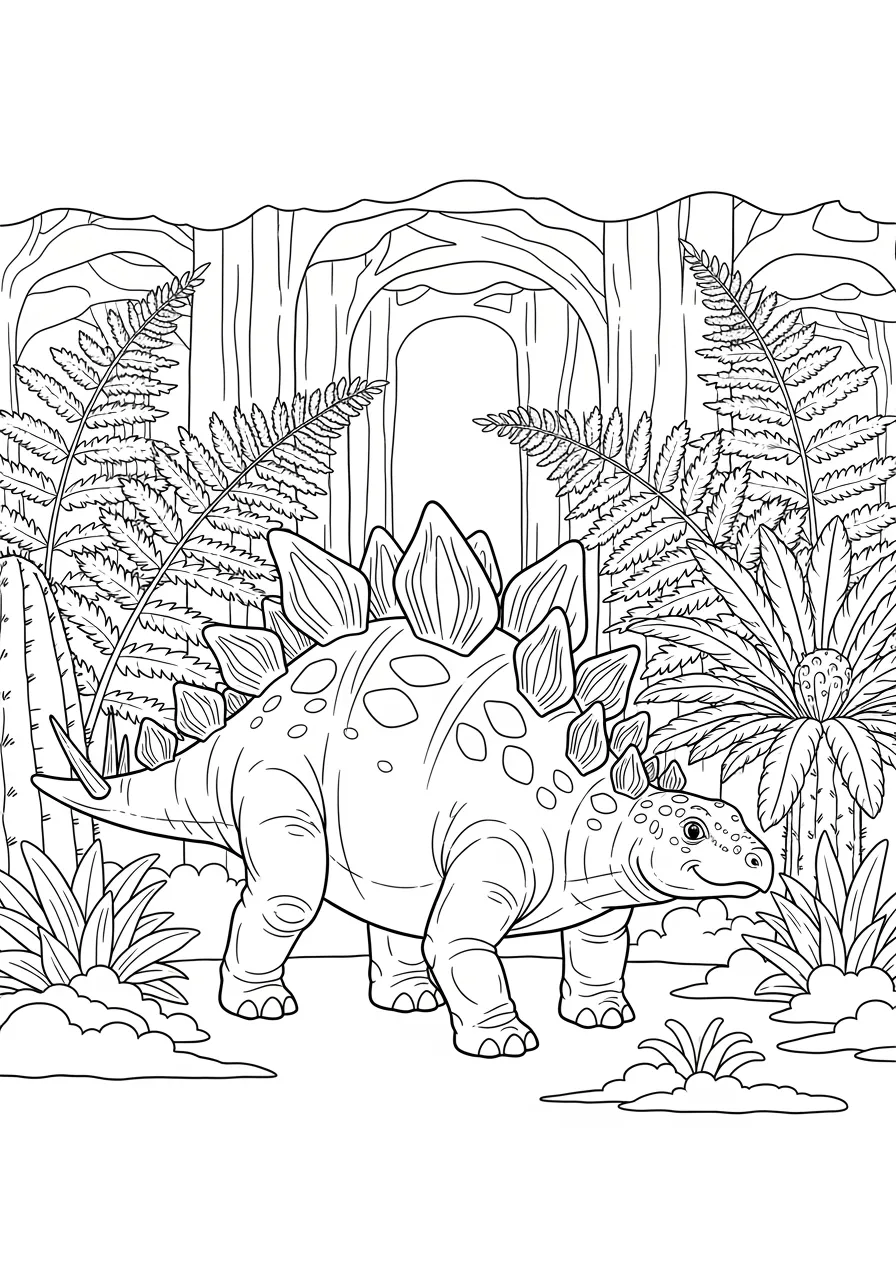 Spiky Stegosaurus in a Fern Forest Coloring Page -- prompt: "black lines only A cheerful Stegosaurus with large triangular back plates and four tail spikes strolls through towering prehistoric ferns, surrounded by cycads and ancient trees, bold black outlines, simple shapes perfect for children's coloring, joyful educational dinosaur adventure scene flat black lines, premium coloring page, coloring sheet, line drawing, Coloring Book, NO COLOR, NO SHADING, WHITE BACKGROUND. NO GRAY, BLACK AND WHITE, NO COLOR" -- Discover the unique beauty of the Stegosaurus with its distinctive row of plates along its back and dangerous tail spikes. This peaceful herbivore is shown wandering through a lush prehistoric fern forest, surrounded by the plants it loved to eat. The intricate details of both the dinosaur and the ancient vegetation make this a delightfully complex coloring challenge.
