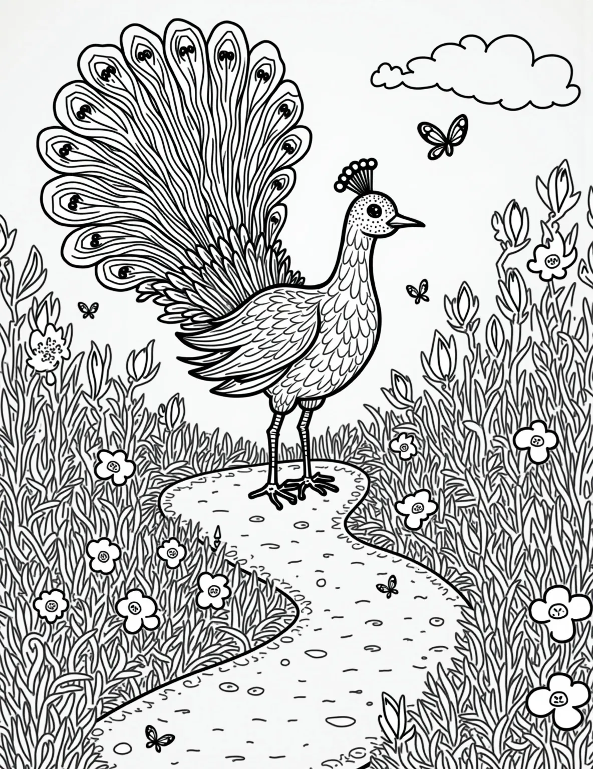 Majestic Peacock's Dazzling Display Coloring Page -- prompt: "black lines only Outline of majestic male peacock, tail feathers unfurled in grand display. Surrounding garden features bold, simplified shapes of fountains, flowers, and ornate elements. Black-and-white linework perfect for coloring, with varying thicknesses to guide artistic expression. Playful, symmetrical design encourages creative exploration. flat black lines, premium coloring page, coloring sheet, line drawing, Coloring Book, NO COLOR, NO SHADING, WHITE BACKGROUND. NO GRAY, BLACK AND WHITE, NO COLOR" -- Unfurl a rainbow of colors with this stunning peacock coloring page. The male peacock's impressive feather display in a garden setting offers a chance to use a vibrant palette. Perfect for those who love intricate designs and colorful birds.