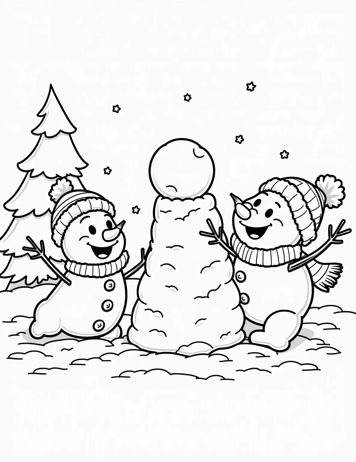 Snowman Snowball Fight Coloring Page -- prompt: "black lines only Adorable cartoon snowmen engage in playful snowball battle. One gleefully hurls a perfectly round snowball, arm outstretched. His opponent peeks from behind a lumpy snow fort, eyes wide. Simple, bold outlines perfect for coloring. Cheerful winter scene with falling snowflakes and pine trees. flat black lines, premium coloring page, coloring sheet, line drawing, Coloring Book, NO COLOR, NO SHADING, WHITE BACKGROUND. NO GRAY, BLACK AND WHITE, NO COLOR" -- It's all fun and games in this playful coloring page! Watch as snowmen engage in a friendly snowball fight, ducking and throwing with glee. This action-packed scene is sure to bring smiles and laughter as you color.