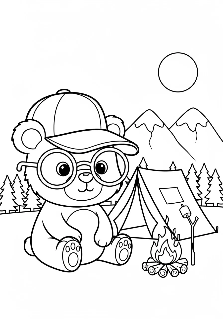 Bear, Baseball Hat, Glasses, Campsite